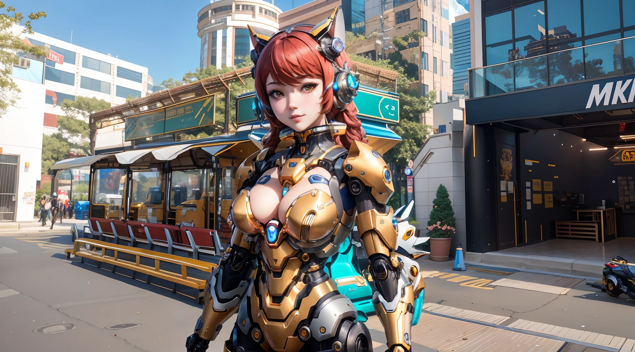 anime - themed woman in a cosplay costume stands in front of a trolley, girl in mecha cyber armor, gynoid body, gynoid cyborg body, mechanized valkyrie girl, perfect anime cyborg woman, fully robotic!! catgirl, biomechanical oppai, cyberpunk anime girl mech, perfect android girl, cybersuits, as overwatch character, from overwatch