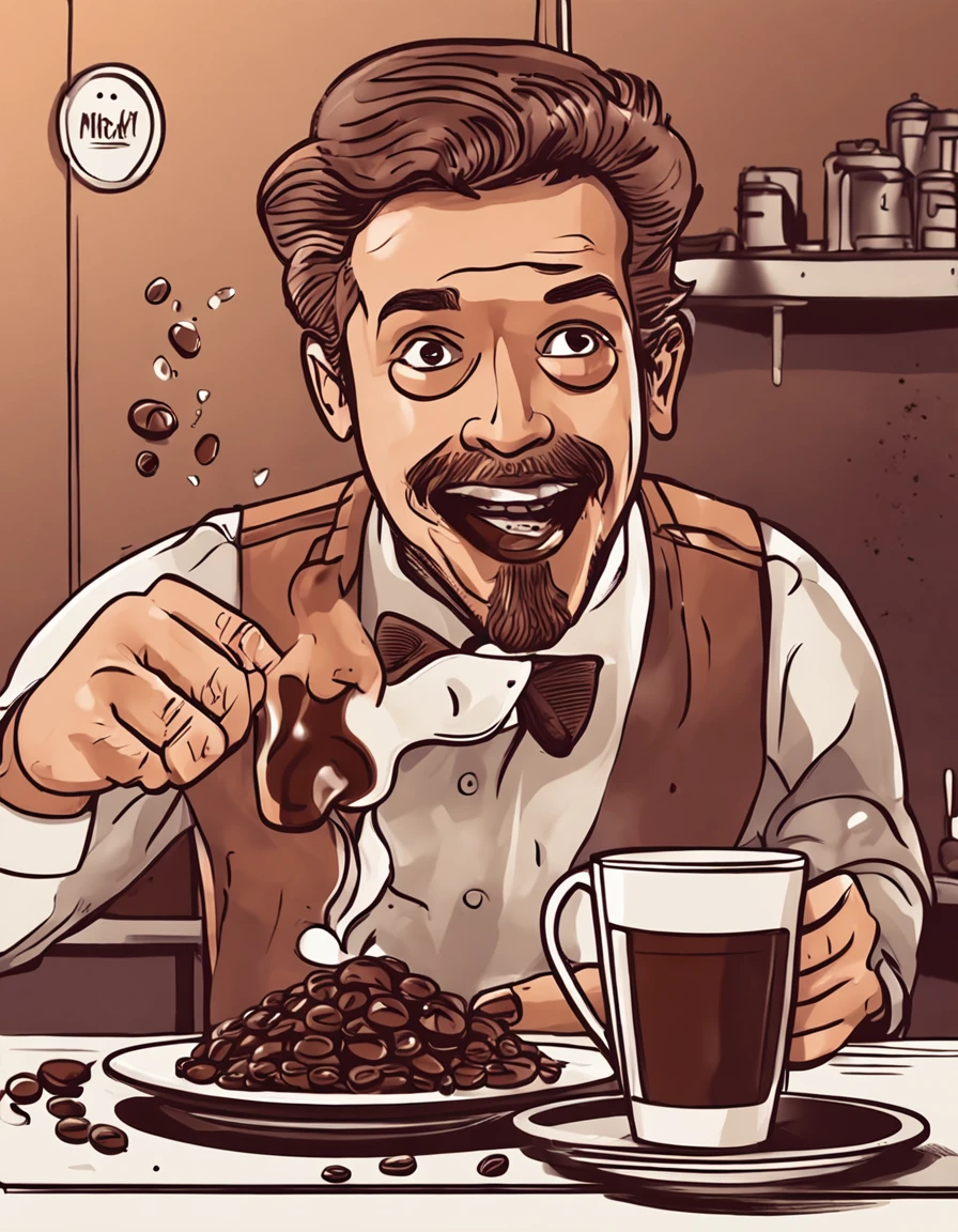 Surprised barista,Hold coffee beans dipped in chocolate sauce