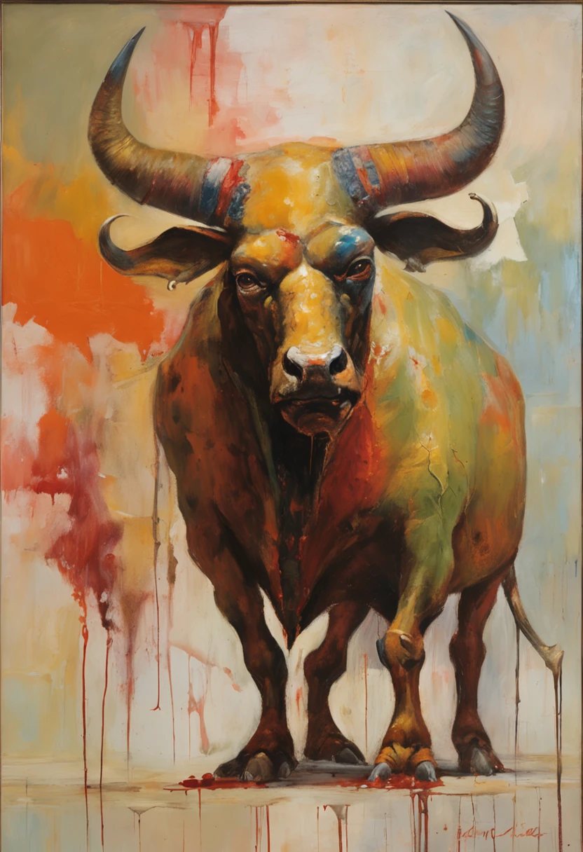 A bull-headed demon with large horns, corpo superior forte e forte, demon skins, peles, ((Garras, asas)), demon armor, respingos de sangue, Skulls on the ground, standing in a blood ritual, medieval, Quarto escuro, luz fraca, obra-prima, realista, oil-painting