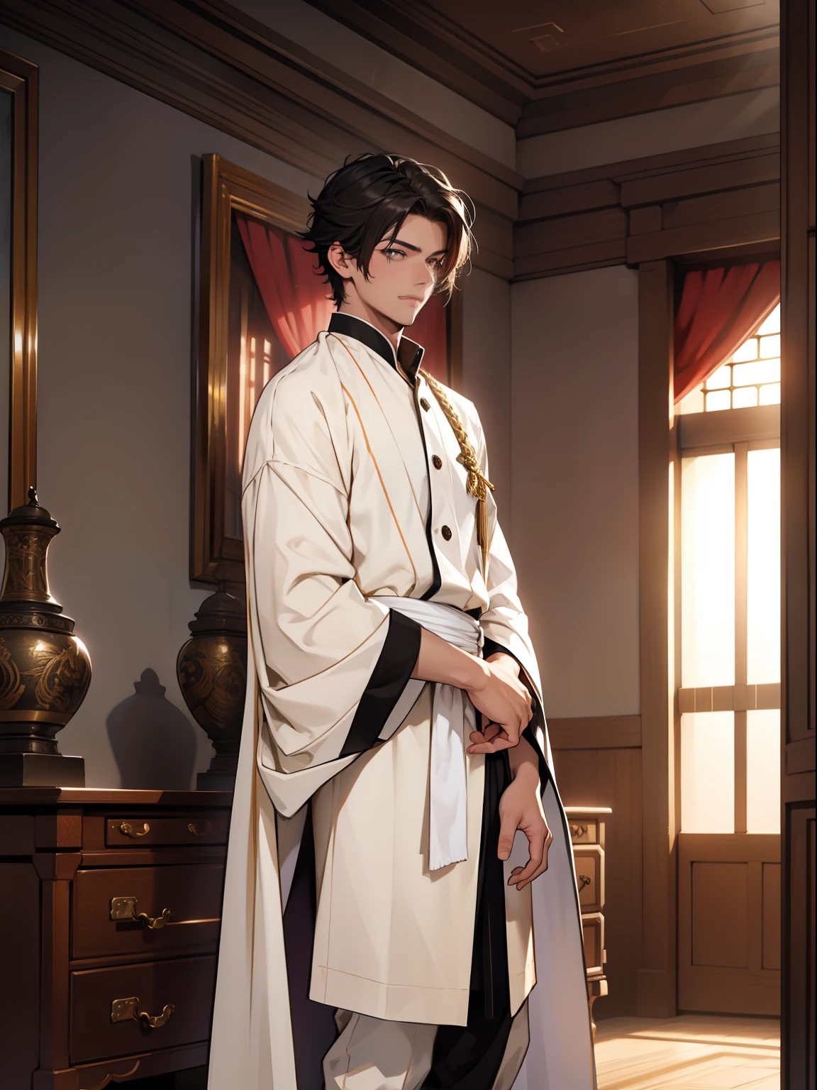 Libido boy,short detailed hair,Handsome,Clear eyes,Douluo costume,sitted,natta,inside in room,