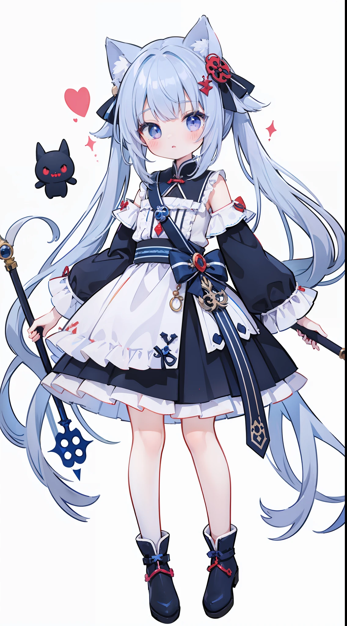 1 girl in、((full body Esbian、Standing picture))、bluish-gray hair. Bangs. Long bangs. Odd eyes in blue and red. White Devil Taoist. holding a staff. Whole body. Confident expression. White boots. White background. Only one girl. Cute Girl. Vivid colors. [[[[[Cat's ears]]]]], [[[[[[Collapsed face]]]]]]