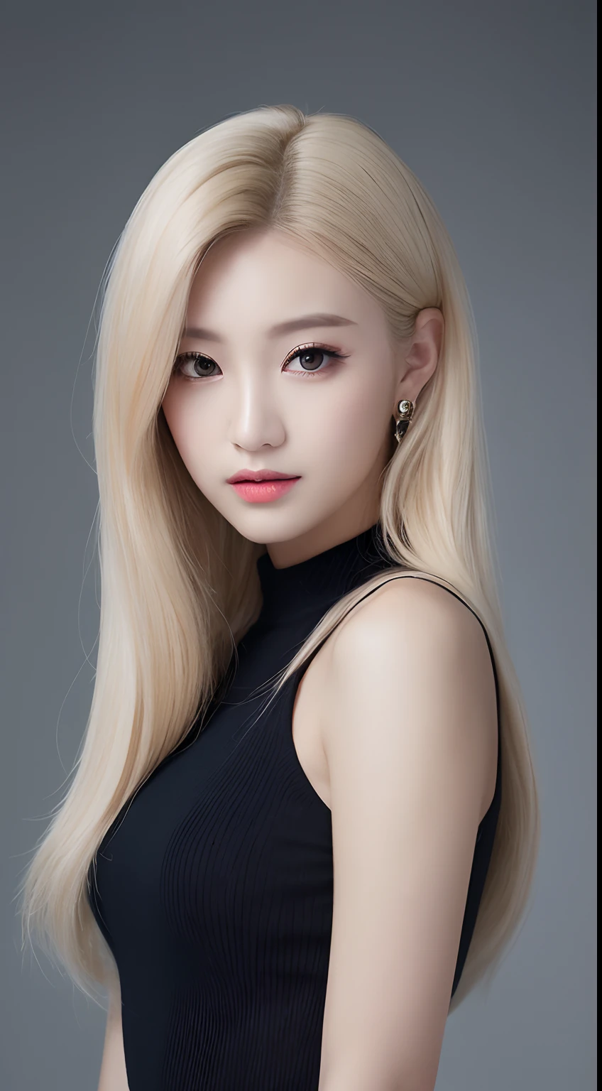((Realistic lighting、top-quality、8K、masterpiece:1.3))、Clear focus:1.2、1girl in、flawless beauty:1.4、slim((blonde hair))、Neat and clean clothing、One-piece clothes、Superfine Face、Narrow-eyed、二重まぶた、lighting like a movie、photos realistic、28 year old、Straight hair、Face like a K-pop idol、white backgrounid、Gray background、black backgrounds、Mature Woman、Classy makeup、Light hair color Blonde、Angle of pull、