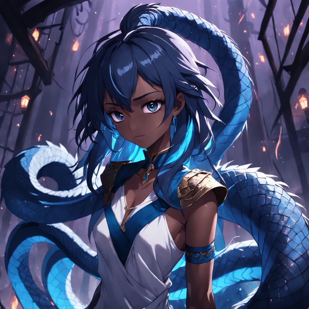 A darked skinned, human serpent hybrid, with dark blue scales and hair with a long serpent tail. Male.