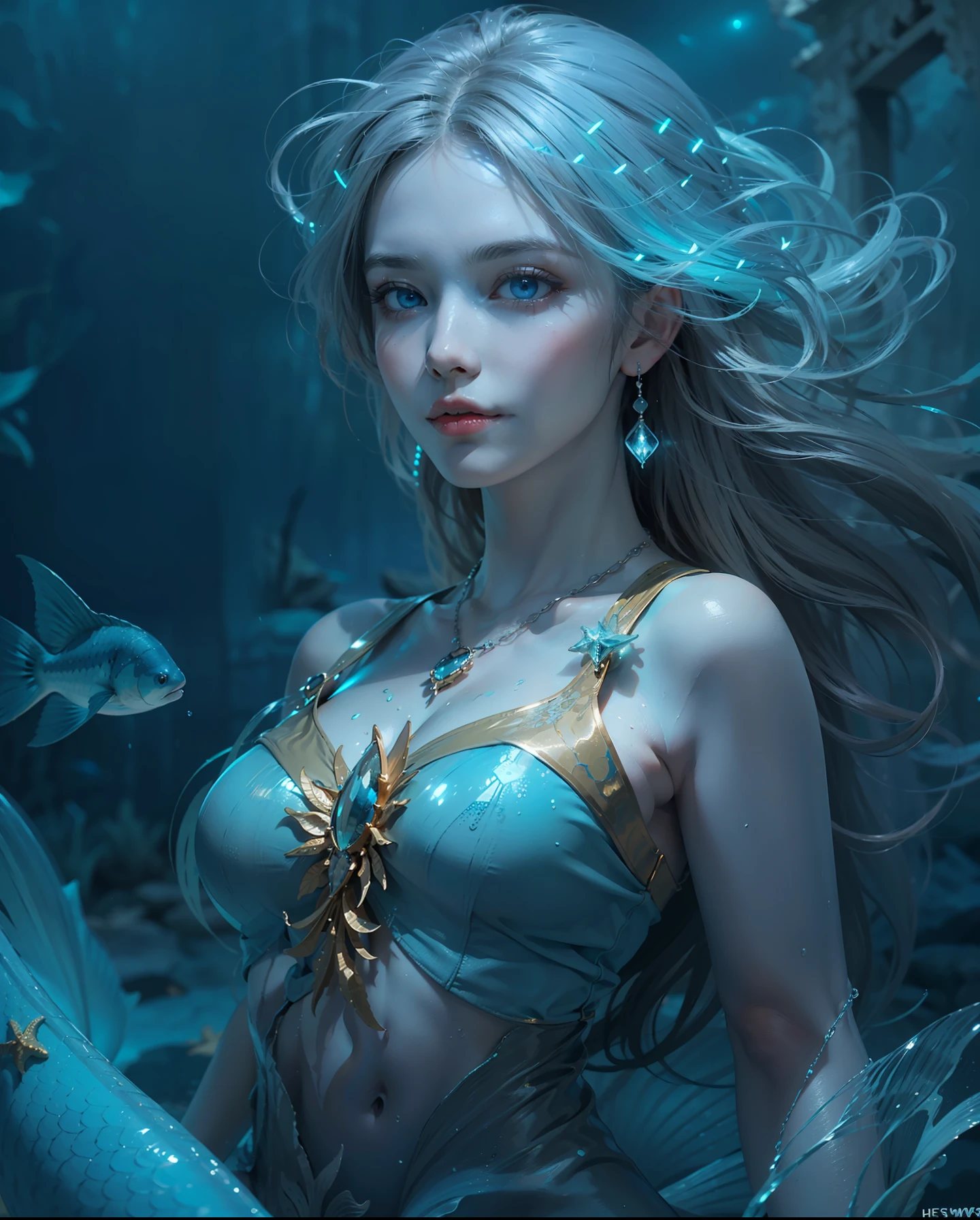 (number々Award-winning masterpieces of, with incredible detail, textures and maximum detail), (Hyper realistic:1.4), (Realistic:1.3), (Top quality real texture skins), (((in water))), (((Deep sea))), (continental shelf), (shallow water), (Fine perfectly symmetrical eyes), finerly detailed face, ((medieval world)), (full-length portrait:1.5), ((mermaid)), ((Mermaid Princess)), ((Mermaid aristocracy)), (full-body view:1.5), (Brighten and burn your eyes like ice), (She has a mischievous smile on her face), (Eyes glowing blue in the dark:1.5), (A pair of ice blue eyes emitting a strong blue light from the inside:1.5), (full-body standing image:1.5), (bio luminescent:1.5), (Swirling water flow and background flow), (Dramatic light), (A majestic sight), (Her countenance is gentle and beautiful), Glass earrings on the ears, (dramatic photography:1.4), ((dramatic pose)), (flamboyant photo), (Golden hair), (Silver hair), (Chestnut hair), ((looks up)), ((Looking down)), (Around her neck is a simple necklace of exquisite workmanship), (Bioluminescence with brilliant brilliance:1.3), (Use fancy ice magic:1.2), (Beautiful fish in the surroundings), Temples sunk into coral reefs, Ancient submerged city, Aquatic monastery, Great Underwater Cathedral, Ruins of an underwater temple, Water away from the temple, (Luminous magic circle:1.5), Underwater ruins of an ancient castle, Shining majestic water and light, reefs, Epic Realistic, Faded, Art Book, (Greg Rutkowski:0.8), (teal and orange:0.4), (Art Station:1.5), Cinematic, ((Neutral colors)), (nffsw:1.5), (Muted colors:1.2), Hyper Detailed, Dramatic light, (Intricate details:1.1), Complex background,Breasts are small and B size、A slender、The chest is open、Mermaid from the waist down、The fins on the toes are large and beautiful、Surrounded by a lot of fish、