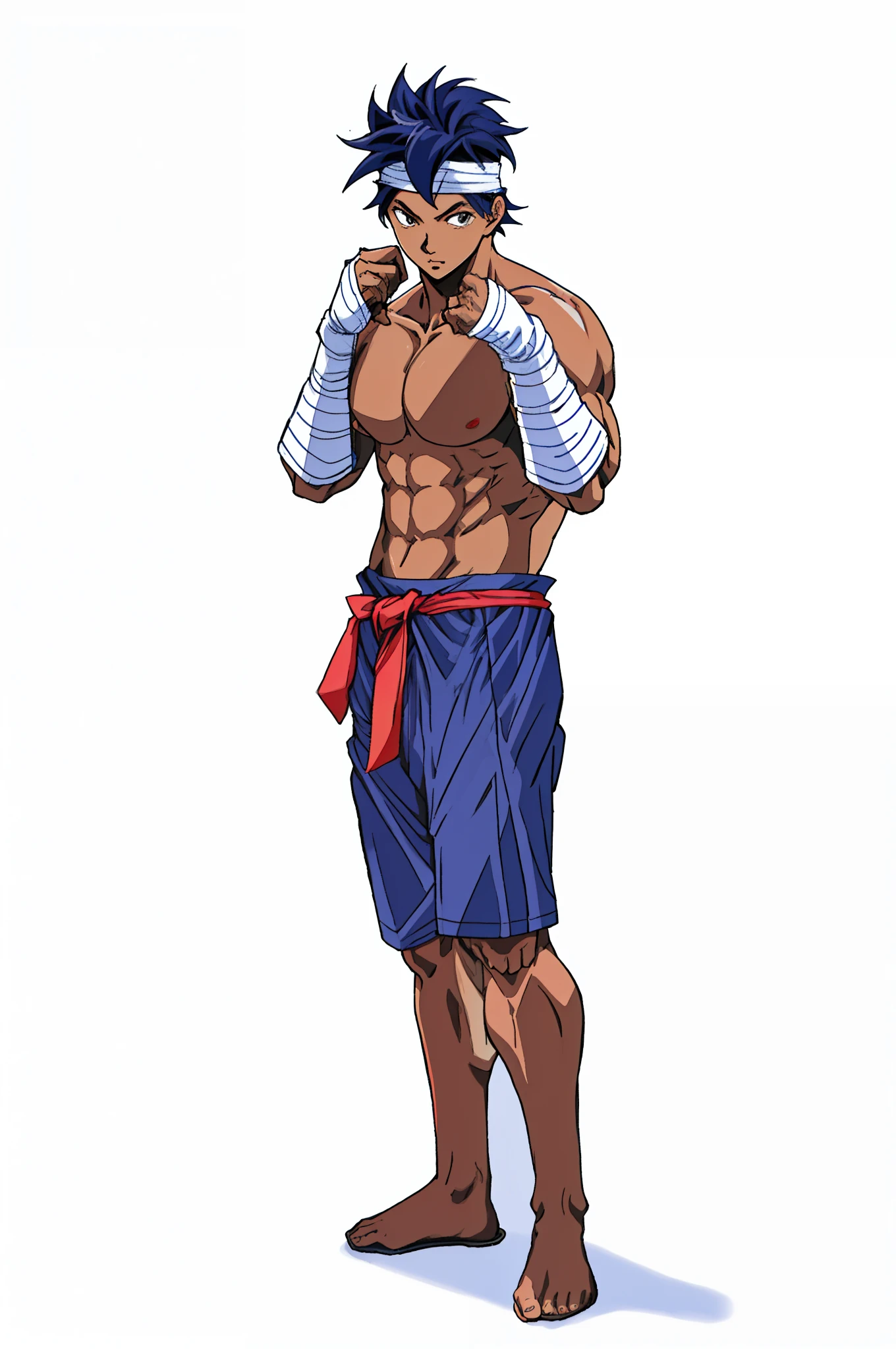 Perfect outline, anime style, southeast Asian, dark tanned skin color, navy blue shorts, white twisted pattern headband, red and white checkered sash wrapped around the waist, boxing stance, white footwrap,
