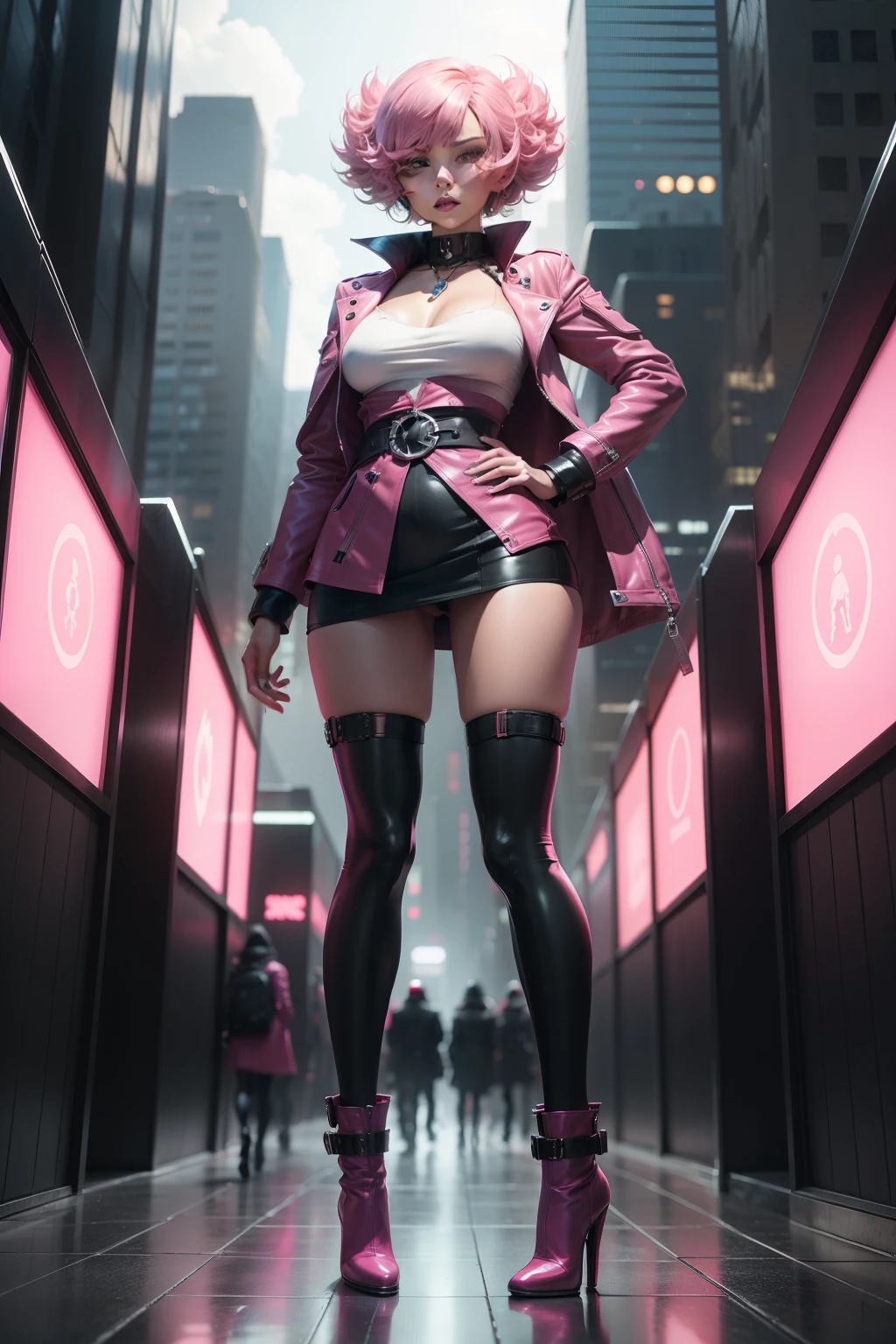 a full body Lex a Beautiful woman, happy, fun, full of life, wearing a pink leather jacket waist-coat a pink miniskirt and ankle length go-go boots, surrounded By a giant persona Monster, in a destrones metropolis, character, thin, petite, small breasts, medium dark skin, Persona, Shin Megami Tensei,wildly hair, surrounded By a giant persona Monster, in a destrones metropolis