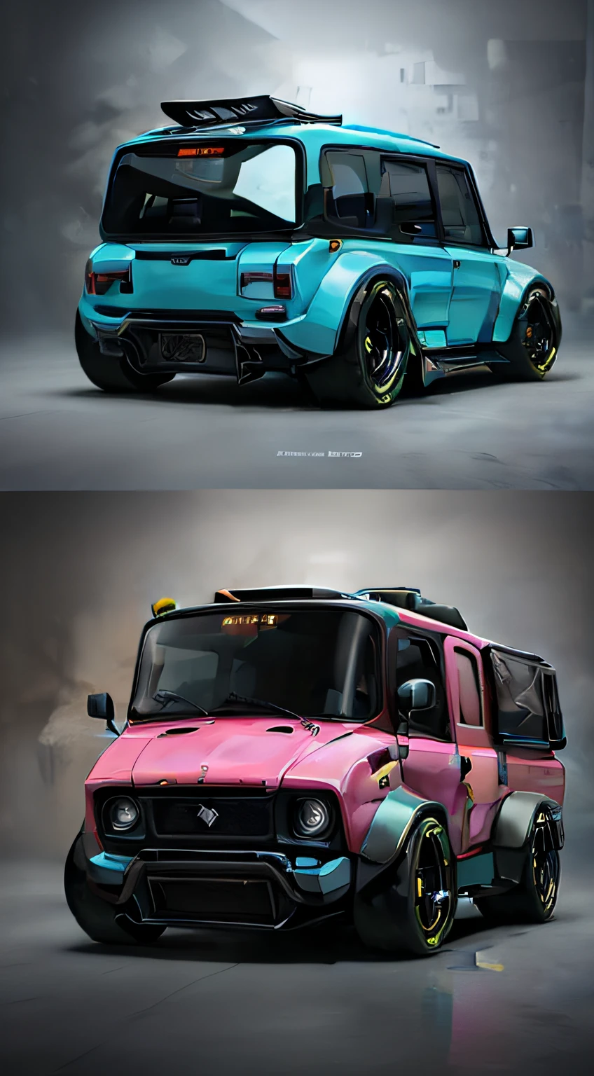 a huge colorful cyber truck controlled by alien monkeys, cinematic and detailed