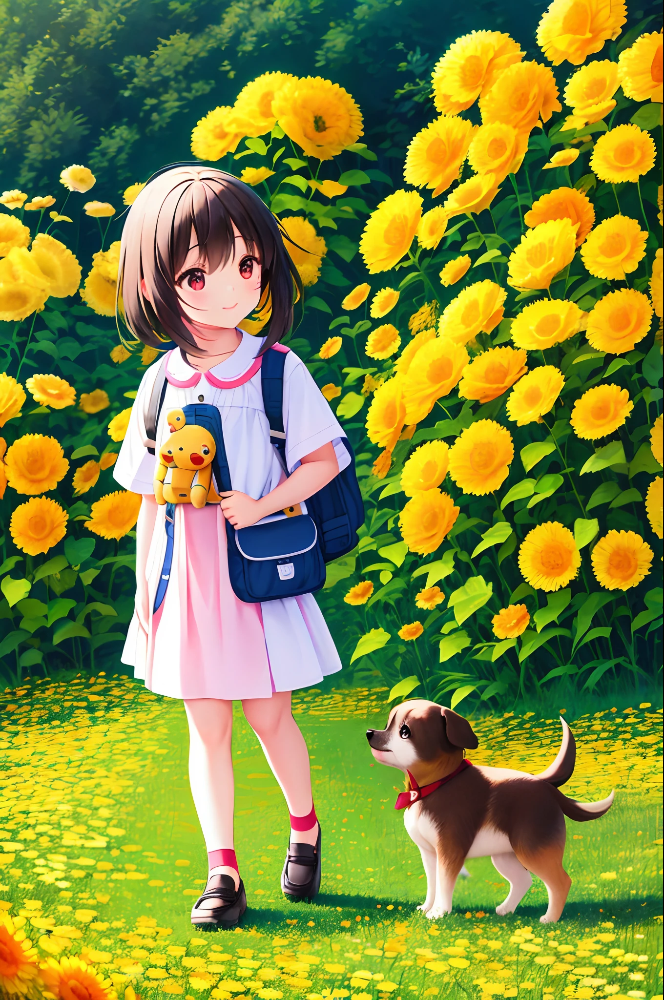Dica: A very charming with a backpack and her adorable puppy enjoying a beautiful spring walk surrounded by beautiful yellow flowers and nature. The illustration is a high-definition illustration in 4K resolution with highly detailed facial features and cartoon-style visuals, red eyes, cabelos curtos castanhos, Megumin_konosuba