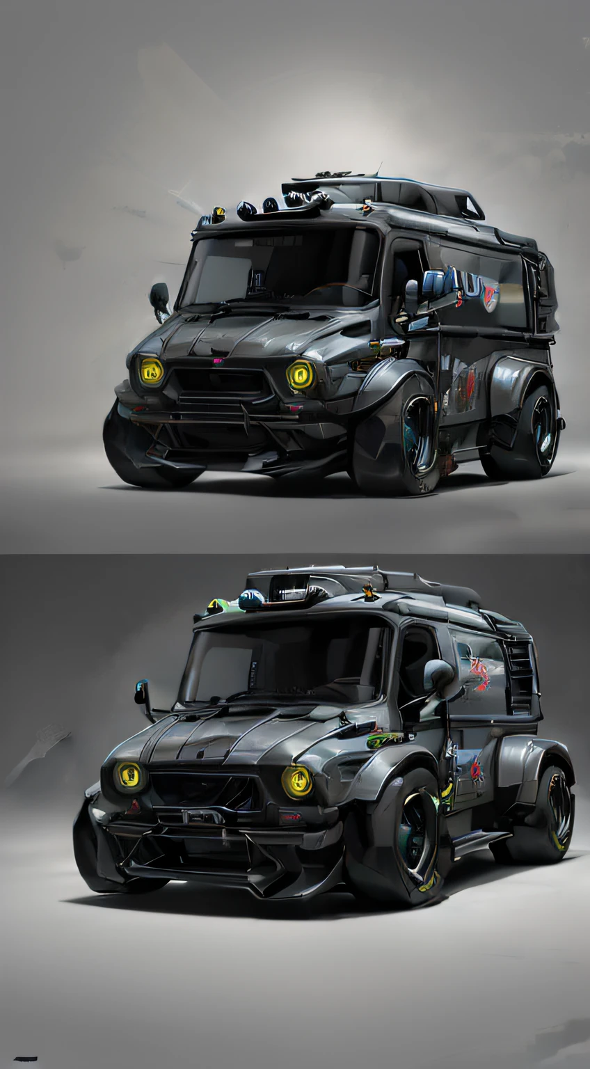 a huge colorful cyber truck controlled by alien monkeys, cinematic and detailed