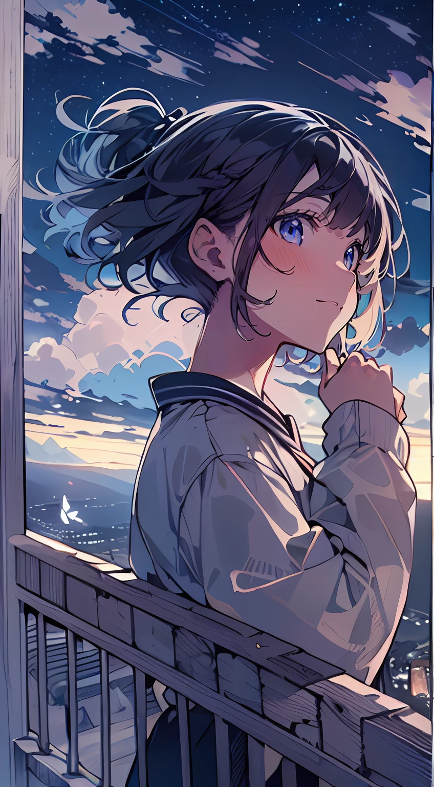 masutepiece, Best Quality,Illustration, Wallpaper, Ultra Detail, absurderes, 1girl in、 (Medium short hair、short braided hair), Beautiful ultra-detailed eyes , Hair fluttering in the wind、Smaller head、Beautiful night sky、(a panoramic view:1.5)