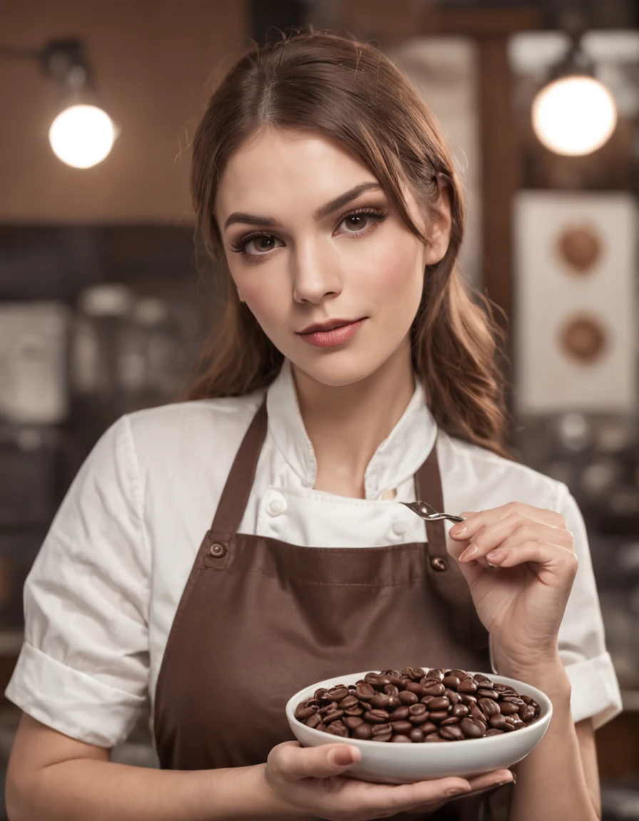 Female barista,Holding coffee beans dipped in chocolate sauce Vintage style Realistic painting style