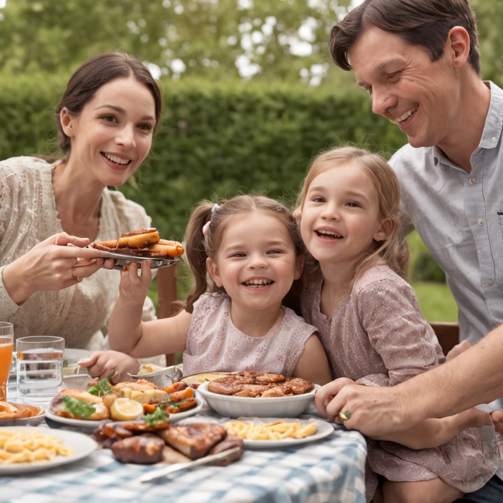 Create a heartwarming scene featuring a happy family gathered around a barbecue grill on a sunny day. Describe a picturesque setting where family members are enjoying a delightful outdoor meal together. Highlight the smiles, interactions, and relaxed atmosphere as they grill and share moments. Portray the sunlight casting a warm glow, and the aromas of sizzling food filling the air. Consider the composition, colors, and expressions that will capture the joy and togetherness of this special family moment.