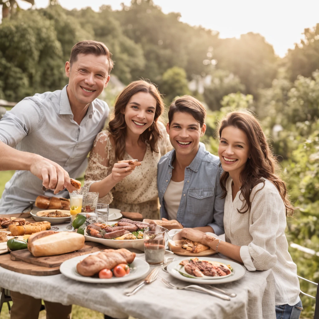 Create a heartwarming scene featuring a happy family gathered around a barbecue grill on a sunny day. Describe a picturesque setting where family members are enjoying a delightful outdoor meal together. Highlight the smiles, interactions, and relaxed atmosphere as they grill and share moments. Portray the sunlight casting a warm glow, and the aromas of sizzling food filling the air. Consider the composition, colors, and expressions that will capture the joy and togetherness of this special family moment.
