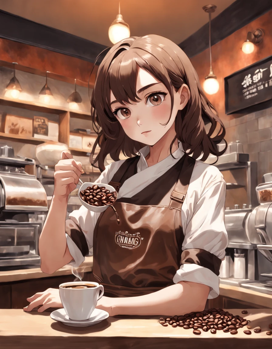 Female barista,Holding coffee beans dipped in chocolate sauce Vintage style Realistic painting style