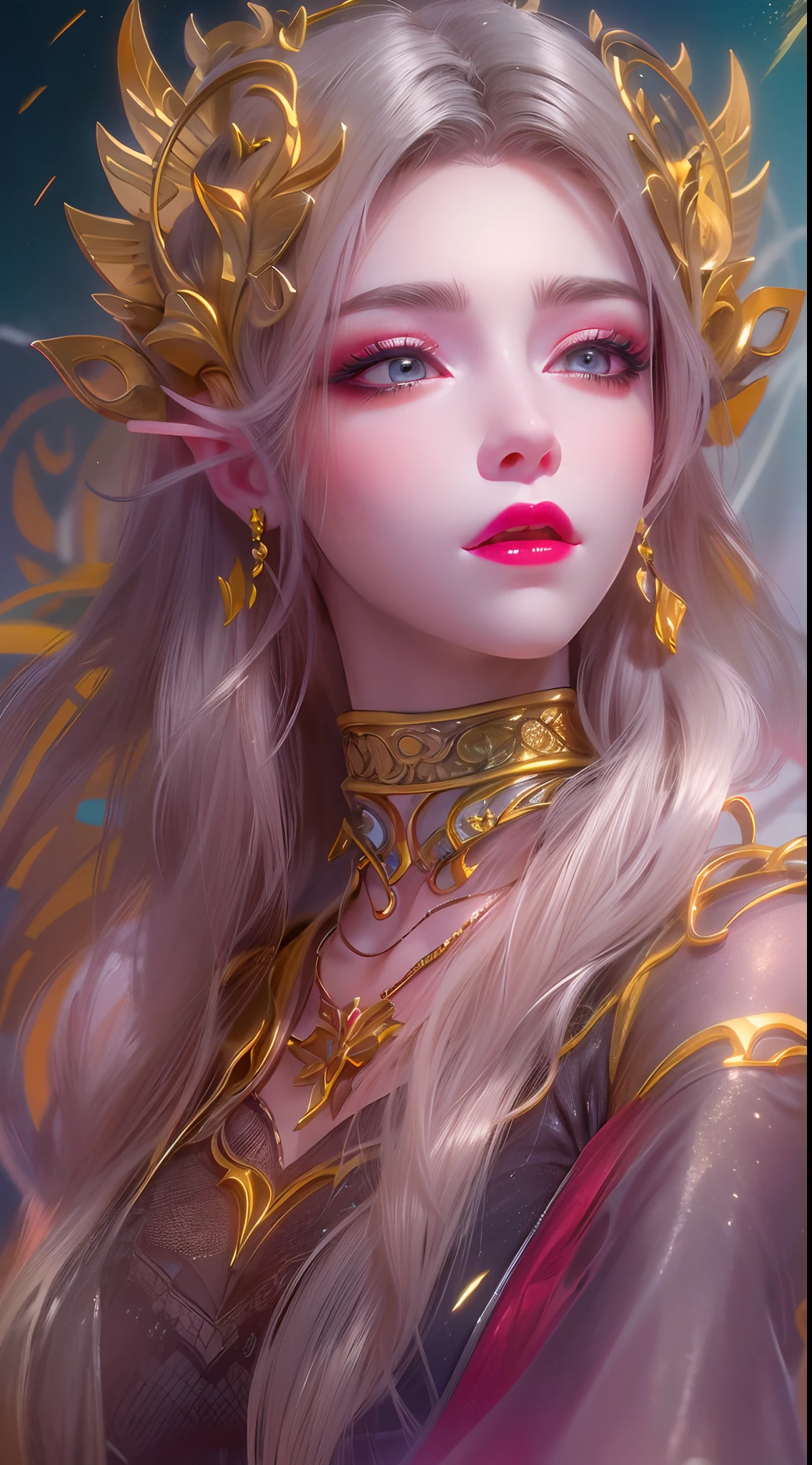 1 20 year old girl, 1 goddess Athena, pink purple silk dress, beautiful goddess Athena face without blemishes, delicate yellow nightgown, long thin sequin nightgown with many sexy black lace details, 1 beautiful thin red silk cloth half veil, female saint legend, female saint icon, beautiful goddess style glitter, dark and mysterious version, vermilion lips, plump red lips, not smiling, mouth closed, delicate and beautiful pino detailing, delicate and beautiful lip detail, , (pure and flawless face: 1.9), female saint body, round chest, big and round breasts, phoenix brooch, long flat bangs, (7-color rainbow hair: 1.9), flower stickers tattoo on forehead, beautiful clear face and well-proportioned eyes, (transparent yellow eyes: 1.8), (big round eyes and makeup, sexy wet eye makeup, very beautiful and meticulous hair makeup, long and delicate blonde hair, delicate, body image: 1.8), figure: and vivid, (stars that make up the sky: 1.7), (the sky of heaven and the fictitious gate of time and space: 1.8), fictional art, RAW photos, hanfu photos, best photos, high resolution, best quality, best photos, best goddess quality, 8k female, super 8 single saint portraits, truest color schemes, masterpieces, best beauty brands, best hair jewelry, brand real photo, dark studio, border light, two-tone lighting, (rose white skin: 1.4), (high skin detail: 1.1), 8k uhd, d slr, soft light, 8k, high quality, candid, volume Smooth and sharp, 10x pixel increase, sexy goddess, sexy goddess, (background space: 1.8), (most beautiful aurora eyes: 1.7), beautiful eyes, aurora beautiful and flowery, (beautiful single girl: 1.8), (more details:0.8),