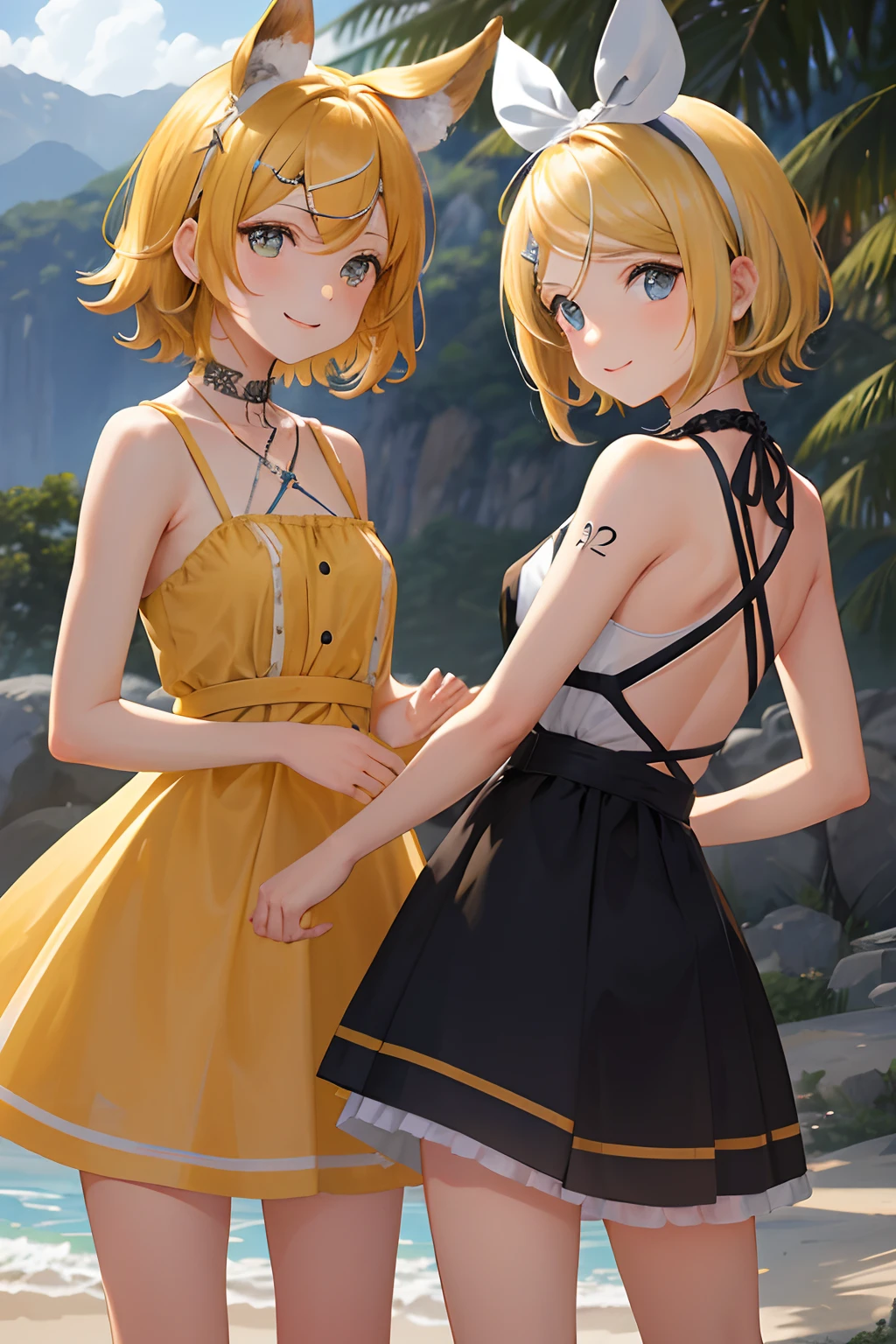 obra maestra, La mejor calidad, absurdos, Perfect anatomy, 1girl, tierraamente, Kagamine Rin, pelo corto, cinta para el cabello, Arm tattoo number 02, from the rear, verano, vestido de tierra amarillo, sode, tag, tierra, They are smiling, Looking back