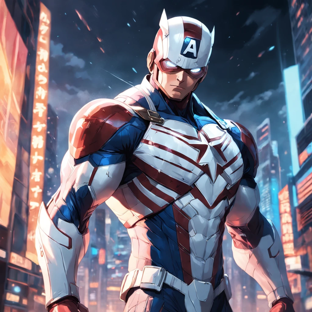 A realistic depiction of an advanced cyber suit-wearing white captain america