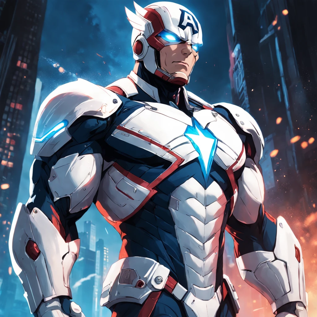 A realistic depiction of an advanced cyber suit-wearing white captain america