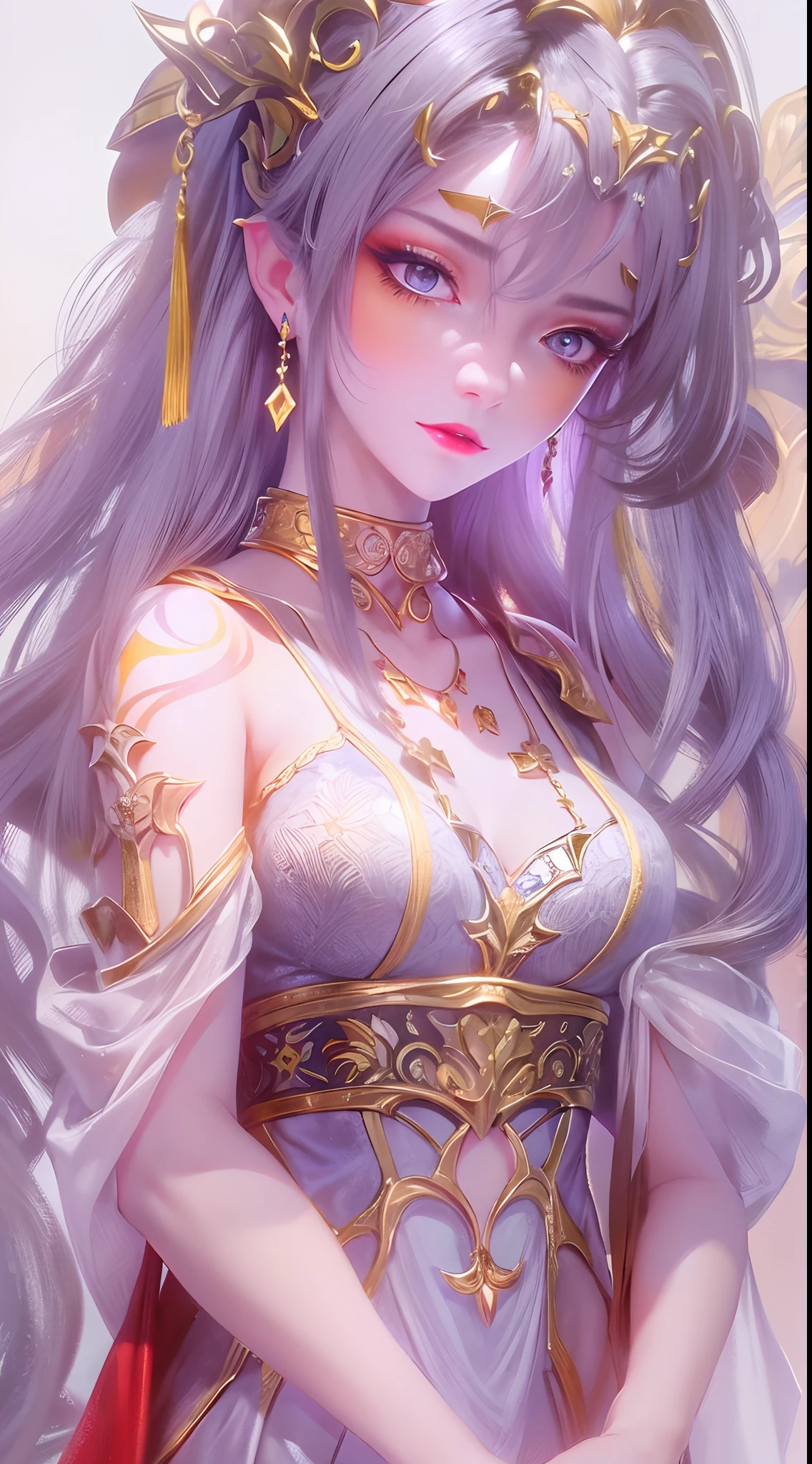 1 20 year old girl, 1 goddess Athena, pink purple silk dress, beautiful goddess Athena face without blemishes, delicate yellow nightgown, long thin sequin nightgown with many sexy black lace details, 1 beautiful thin red silk cloth half veil, female saint legend, female saint icon, beautiful goddess style glitter, dark and mysterious version, vermilion lips, plump red lips, not smiling, mouth closed, delicate and beautiful pino detailing, delicate and beautiful lip detail, , (pure and flawless face: 1.9), female saint body, round chest, big and round breasts, phoenix brooch, long flat bangs, (black long hair: 1.9), flower stickers tattoo on forehead, beautiful clear face and well-proportioned eyes, (light purple eyes: 1.8), (big round eyes and makeup, sexy wet eye makeup, very beautiful and meticulous hair makeup, long and delicate blonde hair, delicate, body image: 1.8), figure: and vivid, (stars that make up the sky: 1.7), (the sky of heaven and the fictitious gate of time and space: 1.8), fictional art, RAW photos, hanfu photos, best photos, high resolution, best quality, best photos, best goddess quality, 8k female, super 8 single saint portraits, truest color schemes, masterpieces, best beauty brands, best hair jewelry, brand real photo, dark studio, border light, two-tone lighting, (rose white skin: 1.4), (high skin detail: 1.1), 8k uhd, d slr, soft light, 8k, high quality, candid, volume Smooth and sharp, 10x pixel increase, sexy goddess, sexy goddess, (background space: 1.8), (most beautiful aurora eyes: 1.7), beautiful eyes, aurora beautiful and flowery, (beautiful single girl: 1.8), (more details:0.8),