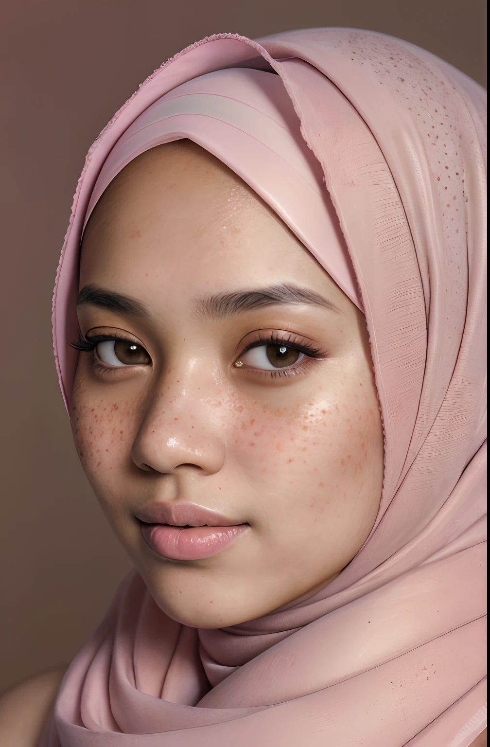 a photo portrait of a beautiful malay girl with hijab and few freckles, (plain pastel pink hijab), (face portrait:1.3), dramatic light , Rembrandt lighting scheme, (hyperrealism:1.2), (8K UHD:1.2), (photorealistic:1.2), shot with Canon EOS 5D Mark IV, detailed face, detailed skin texture