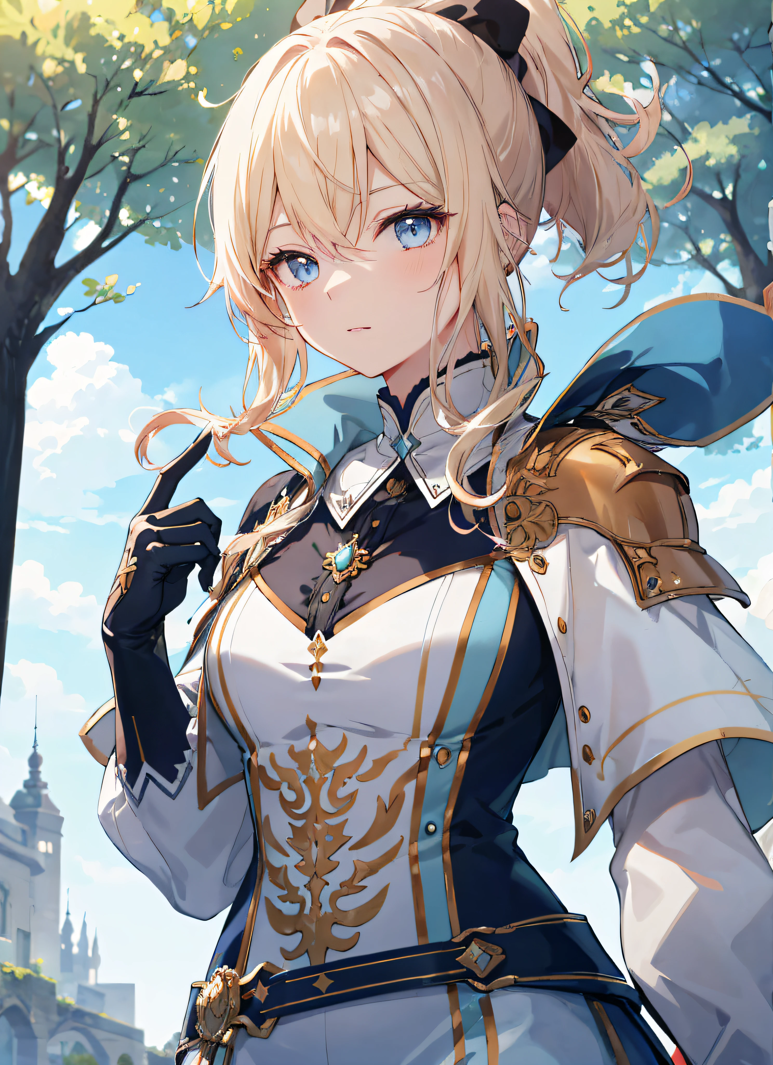 Elegant anime female characters, golden ponytail, extremely attractive eyes, medieval knight and aristocratic costumes, daytime, blue sky, sky, outdoors, under towering trees, cinematic lighting effects, large aperture portrait, dynamic pose, golden ratio, rich details