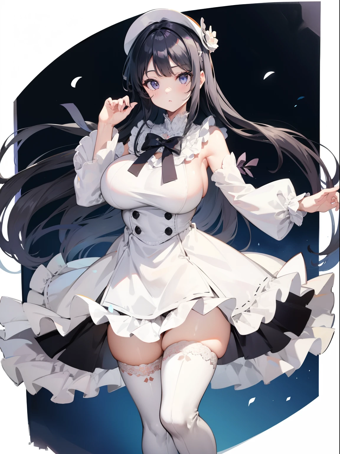 Black hairs，White ta costume，white long boots, purple eyes, chubby curvy body, medium-large breast