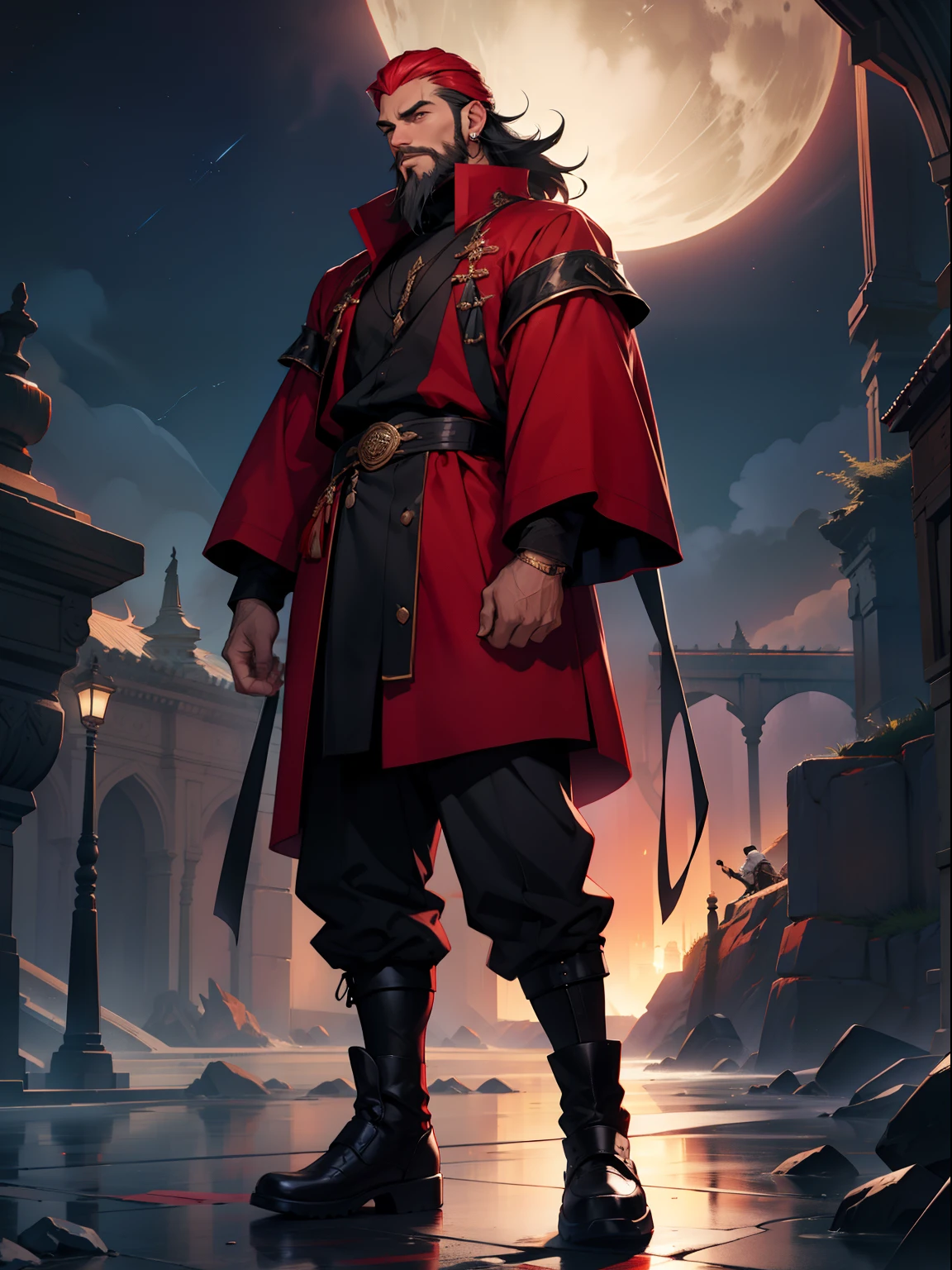of a guy,sbeard,cabelos preto e longos,Douluo Continent red clothing,the night,standing on your feet,