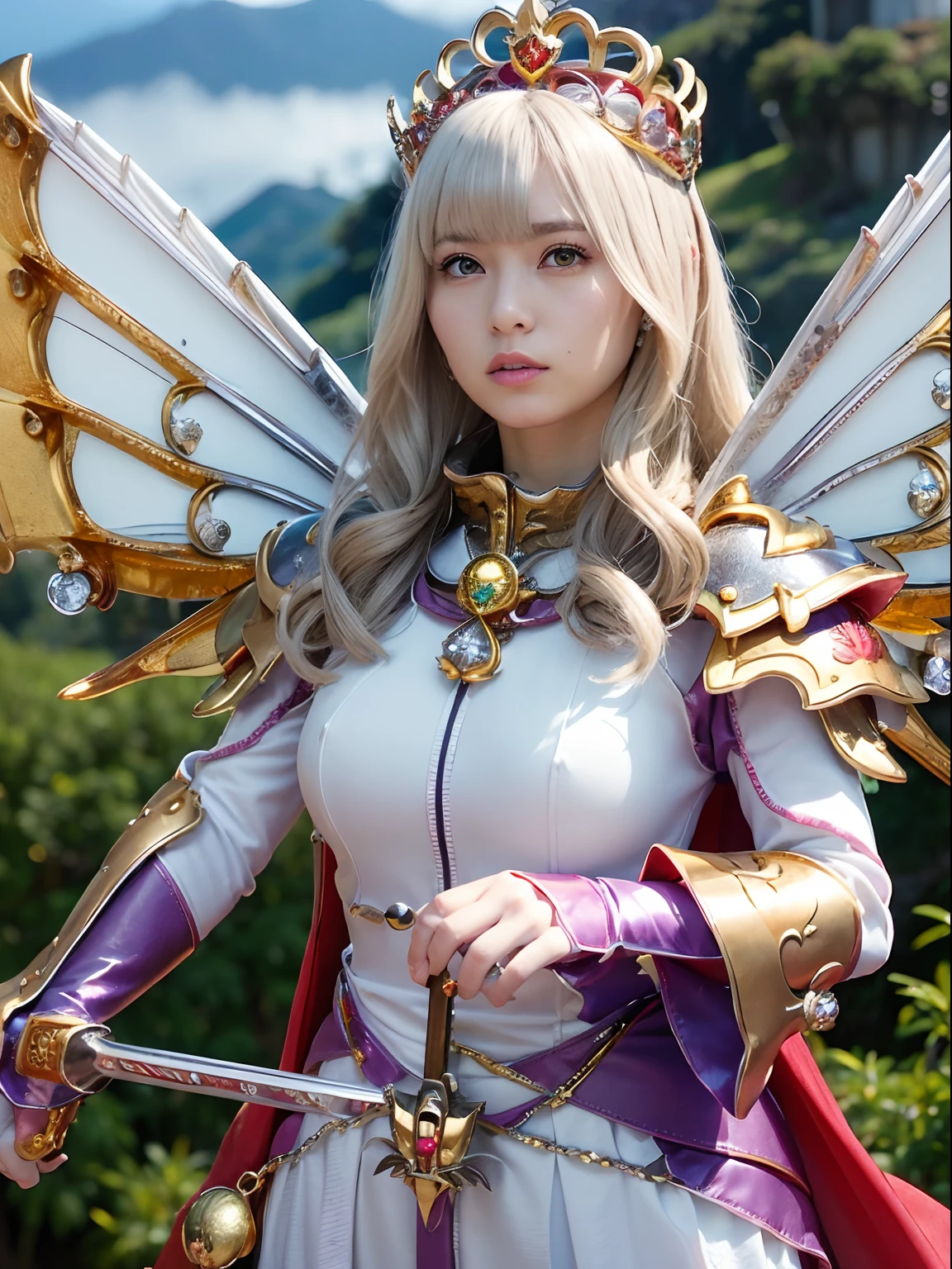 (masutepiece), Professional , ​masterpiece、top-quality、photos realistic , depth of fields （Gemstone Silver Metal Body:1.９),(Matte Silver、Jewel Gold Weapon、（Gorgeous castle background）、（ultimate beauty girl）、（Rainbow fairy wings grow）、（Jewel Metal Body:1.９),Gorgeous Jewel Metal Weapons , Detailed Sword of the Brave ,（ a blond）   ,warhammer 40k ,(（maikurobikini）)、 adepta sororitas,Detail and ornate jewel crown、独奏、Brown hair、（Gangle's forest background）、Beautiful Caucasian beauty、１a person、dynamic ungle,(((Diamond tiara with detail and luxury)))、a small face、Powerful poses、（Gorgeous castle background）、huge filesize、20 year old beautiful woman、Thin female fingers、Straight long hair、Beautiful Caucasian beauty、Valley、Fairy of Light、Particles of light、