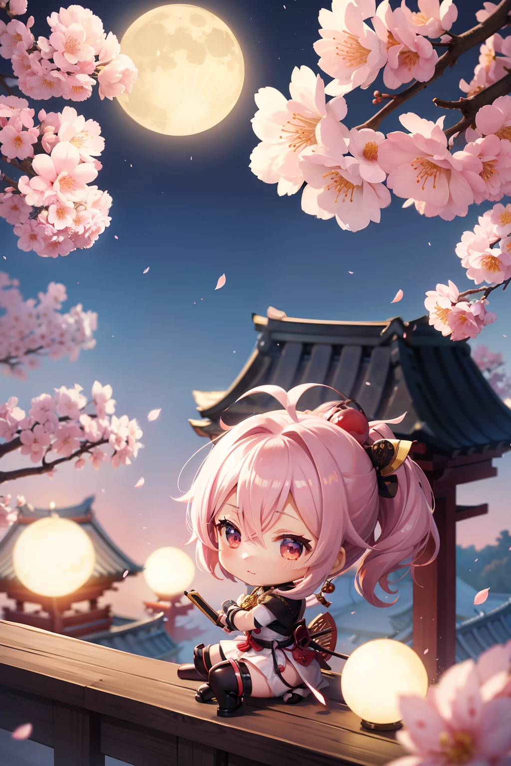 Chibi Samurai、cherry blossoms falling、Moon Night、Looking up at the moon、posterior view