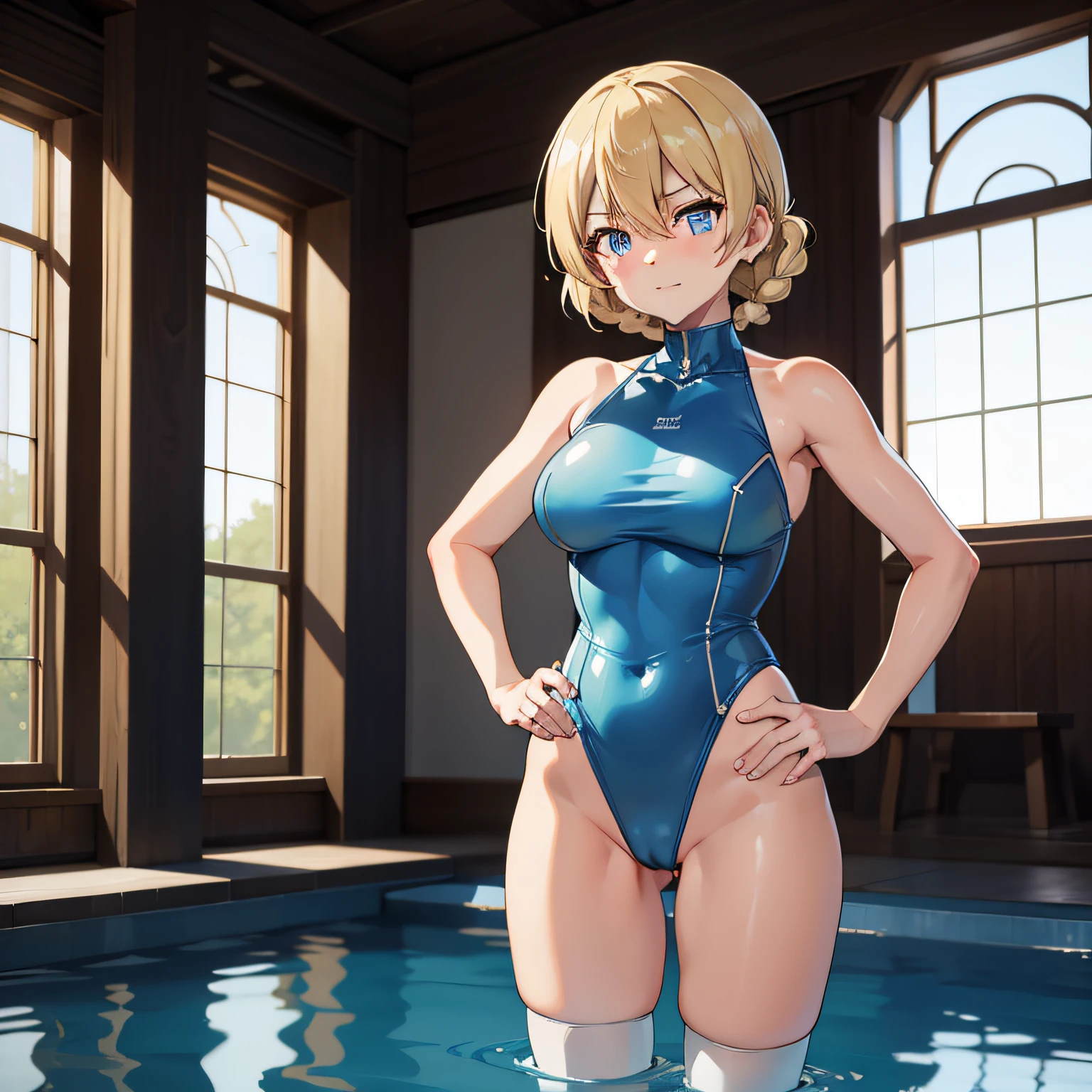 darjeeling (girls und panzer), Short hair, Twin braids, soio、Bangs, Blonde hair, Blue eyes, , white  leotard, Black boots, medium breasts, {{thighs thighs thighs thighs}}, pot-bellied, {{{{{masutepiece}}}}}, {{{{{Highly detailed}}}}}, {{{{{Enhance}}}}}, [[[[[Anime coloring]]]]], In the indoor pool,is standing、Niō Standing、Hands on the hips、 [[[[[Evil smile]]]]], closed dmouth,