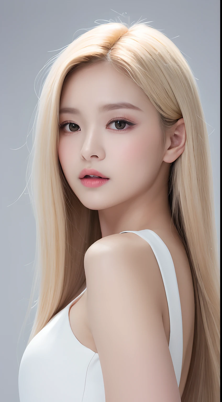 ((Realistic lighting、top-quality、8K、​masterpiece:1.3))、Clear focus:1.2、1girl in、flawless beauty:1.4、slim((blonde  hair))、Neat and clean clothing、One-piece clothes、Superfine Face、Narrow-eyed、二重まぶた、lighting like a movie、photos realistic、28 year old、Straight hair、Face like a K-pop idol、white backgrounid、Gray background、Mature Woman、Classy makeup、Light hair color Blonde、Angle of pull、
