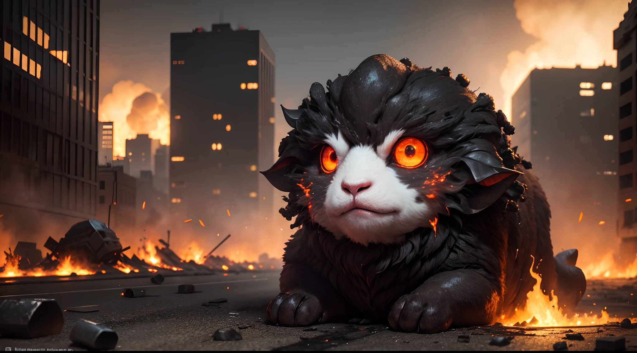 In being blown up, Ruined cityscape, The streets were shelled,damaged streets,The windows were shattered,(Sheep-faced humanoid monster),Cast shadows on the lava below. Its eyes, Glows like embers,. The flames dancing around the body create mesmerizing displays of light and color. --auto