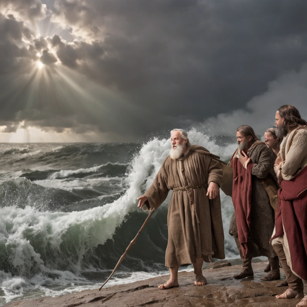 Craft a photorealistic scene portraying the biblical account of Noah parting the sea using a staff. Depict Noah standing at the water's edge, holding a staff high above his head, as towering waves split apart on either side of him. Capture the immense scale and power of the water as it forms a dramatic corridor, showcasing the forceful separation of the sea. Utilize lighting to emphasize the divine nature of the moment, with rays of light breaking through the clouds and casting an ethereal glow. Convey the sense of awe and reverence that this miraculous event elicits, while highlighting Noah's pivotal role in fulfilling a divine purpose.