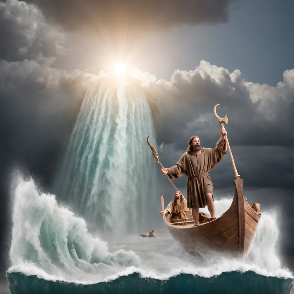 Craft a photorealistic scene portraying the biblical account of Noah parting the sea using a staff. Depict Noah standing at the water's edge, holding a staff high above his head, as towering waves split apart on either side of him. Capture the immense scale and power of the water as it forms a dramatic corridor, showcasing the forceful separation of the sea. Utilize lighting to emphasize the divine nature of the moment, with rays of light breaking through the clouds and casting an ethereal glow. Convey the sense of awe and reverence that this miraculous event elicits, while highlighting Noah's pivotal role in fulfilling a divine purpose.