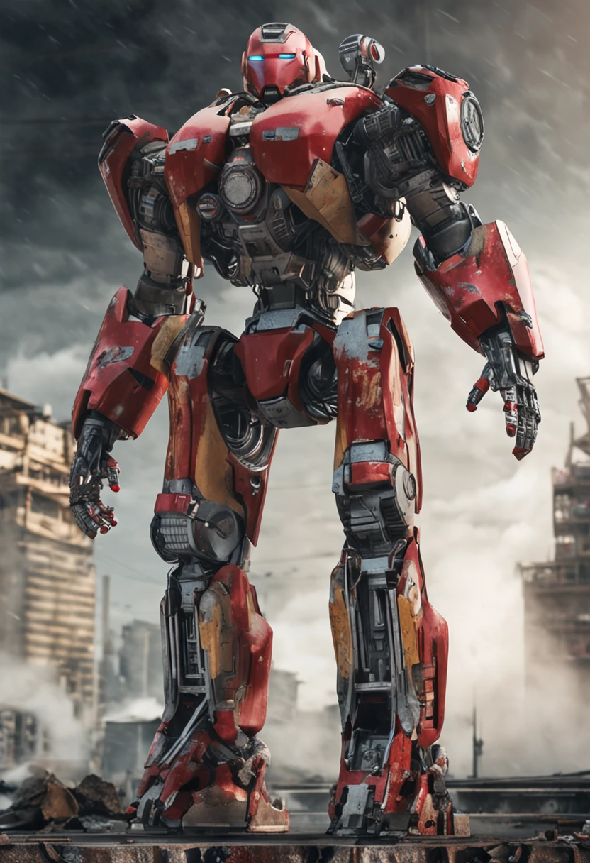 avatar RAW, obra-prima, foto ultrafina, melhor qualidade, Ultra high resolution, fotorrealista, luz solar, retrato de corpo inteiro, incrivelmente bonito, dinamic poses, rosto delicado, olhos vibrantes, (vista lateral), she's using a futuristic Iron Man engine , esquema de cores vermelho e dourado, highly detailed abandoned warehouse background, rosto detalhado, fundo ocupado detalhado e complexo, Messy, lindo, branco leitoso, pele altamente detalhada, detalhes de pele realistas, visible pores, foco nítido, Volumetric mist, 8k uhd, DSLR Camera, alta qualidade, grain of film, fotorrealismo, lomografia, Booming metropolis in futuristic dystopia, vista de baixo, translucid