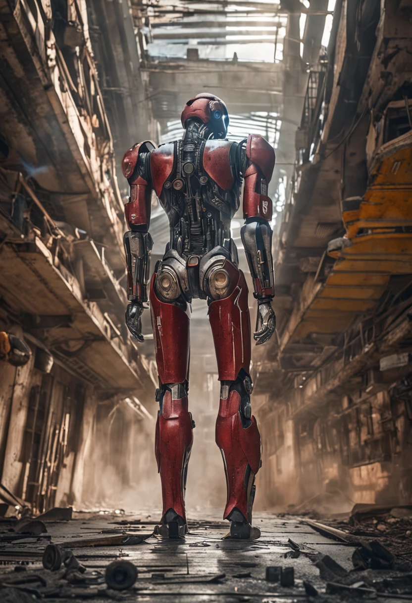avatar RAW, obra-prima, foto ultrafina, melhor qualidade, Ultra high resolution, fotorrealista, luz solar, retrato de corpo inteiro, incrivelmente bonito, dinamic poses, rosto delicado, olhos vibrantes, (vista lateral), she's using a futuristic Iron Man engine , esquema de cores vermelho e dourado, highly detailed abandoned warehouse background, rosto detalhado, fundo ocupado detalhado e complexo, Messy, lindo, branco leitoso, pele altamente detalhada, detalhes de pele realistas, visible pores, foco nítido, Volumetric mist, 8k uhd, DSLR Camera, alta qualidade, grain of film, fotorrealismo, lomografia, Booming metropolis in futuristic dystopia, vista de baixo, translucid
