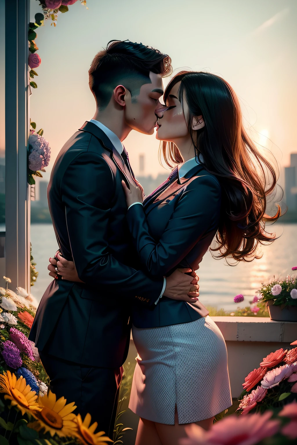 Young couple kissing in a sea of flowers,office lady uniform,Business suit,4K ultra HD wallpaper