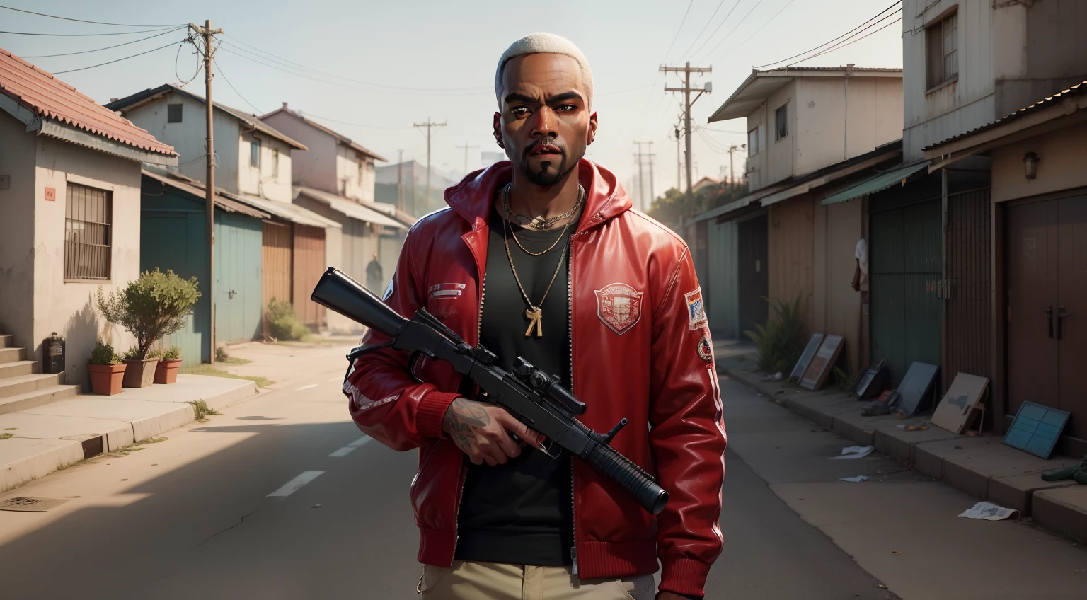 There's a man holding a gun on a wooden deck, gta personagem, Como o protagonista de GTA 5, GTA V Estilo, como um personagem de gtav, Kanye West em GTA v, drake em gta v, Estilo GTA5, gta v personagem, empunhando fuzil de assalto, Snoop Dogg em GTA V, gta 5 tom de pele, Jesse Pinkman em GTA v, jaqueta vermelha,AK-47 rifle, cenario de fundo uma favela estilo brasileira,pelos ruivos,cabelos ruivos