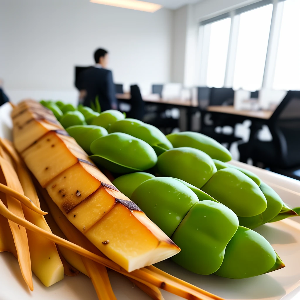Line idyllic,Frozen corporate office table with frozen edamame and shredded bamboo shoots
