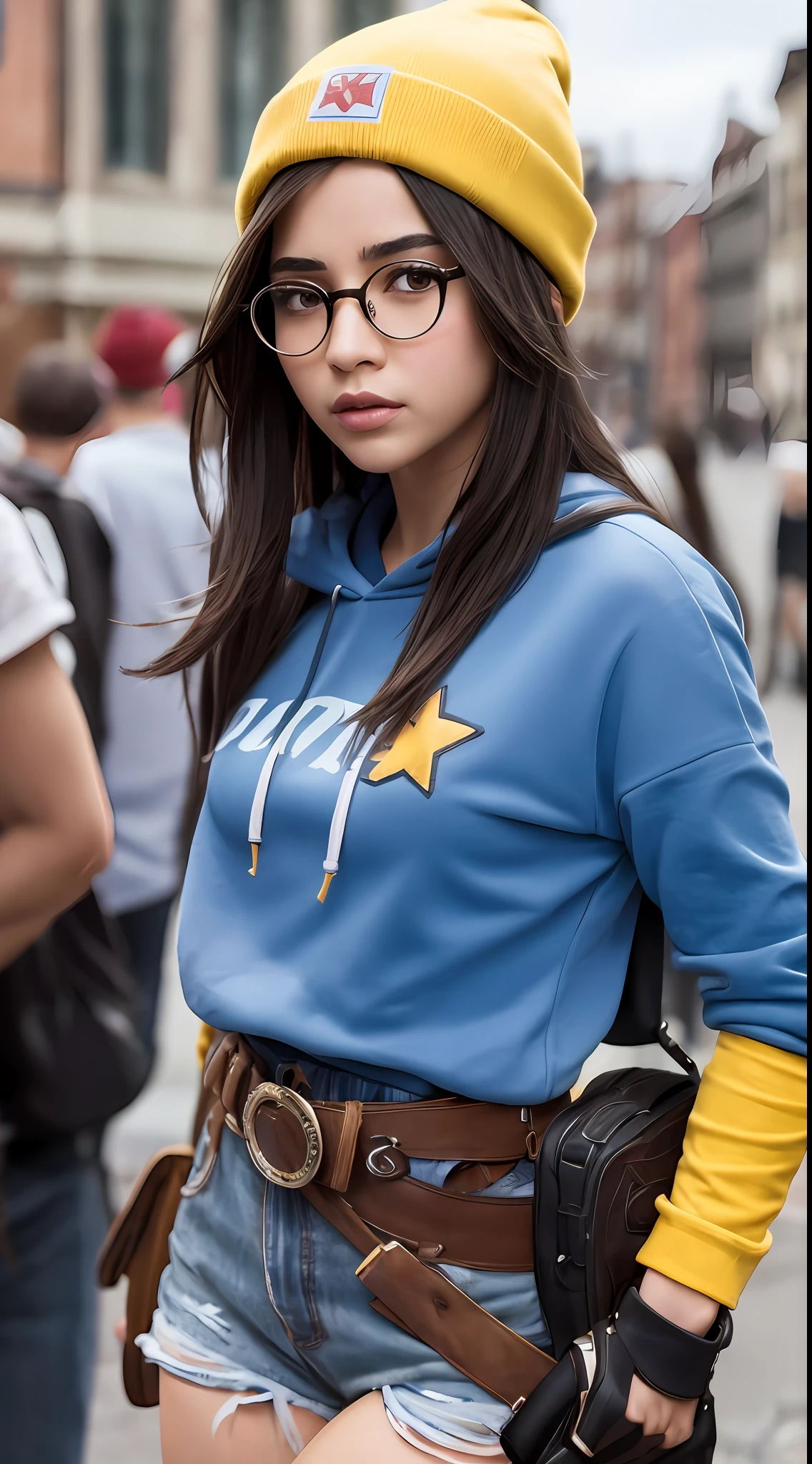 1girl, killjoy (valorant), cosplay, valorant, yellow hoodie, green beanie, blue jeans, glasses, brown eyes, thin lips, brown hair, solo, upper body, outdoors, noon, streets, sunshine, standing, beautiful face, (cowboy shot), 8k, hdr, ultra highres, masterpiece,(realistic), highly detailed CG unified 8K wallpapers, (HQ skin:1.2),8k uhd, dslr, high quality, beautiful skin, attractive, ultra-high resolution, ultra-realistic, high-definition, close-up, dynamic pose, looking at viewer, perfect limbs, perfect hands, perfect fingers