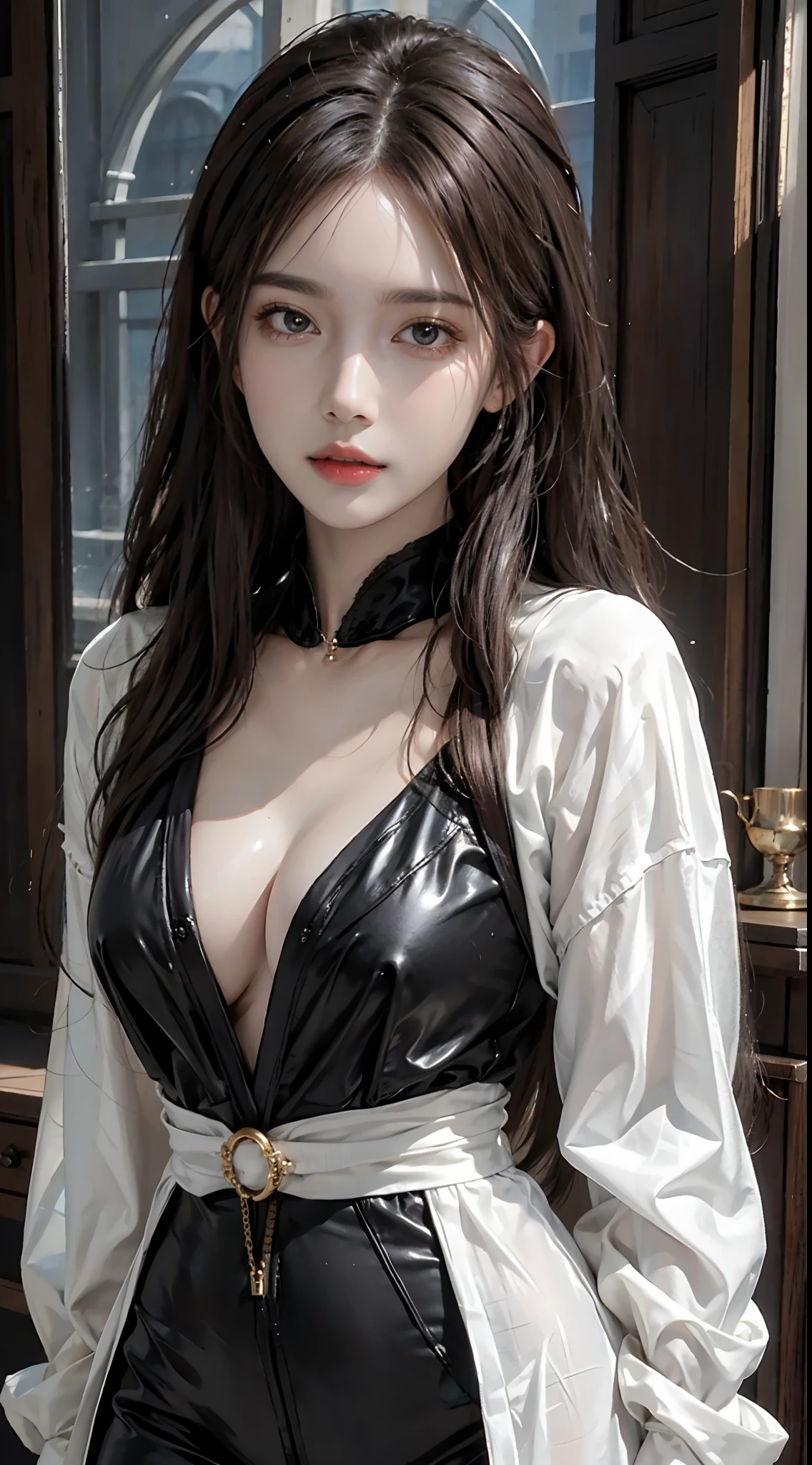 Photorealistic, high resolucion, Soft light,1female, Solo, (Detailed face), jewellery, Black bodysuit, lingerie