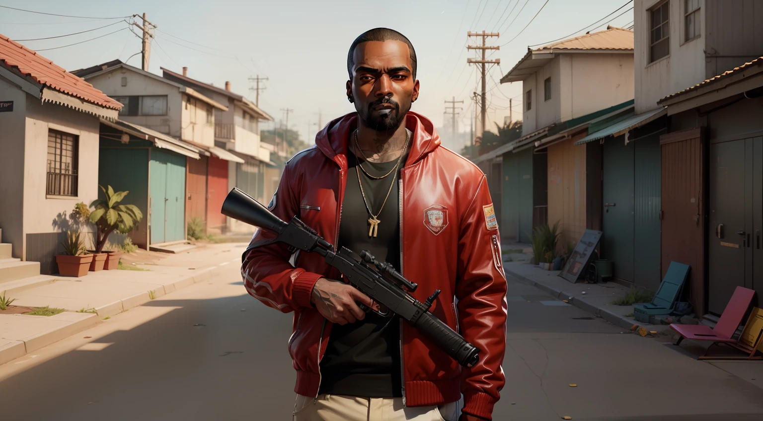 There's a man holding a gun on a wooden deck, gta personagem, Como o protagonista de GTA 5, GTA V Estilo, como um personagem de gtav, Kanye West em GTA v, drake em gta v, Estilo GTA5, gta v personagem, empunhando fuzil de assalto, Snoop Dogg em GTA V, gta 5 tom de pele, Jesse Pinkman em GTA v, jaqueta vermelha,AK-47 rifle, cenario de fundo uma favela estilo brasileira,pelos ruivos,cabelos ruivos