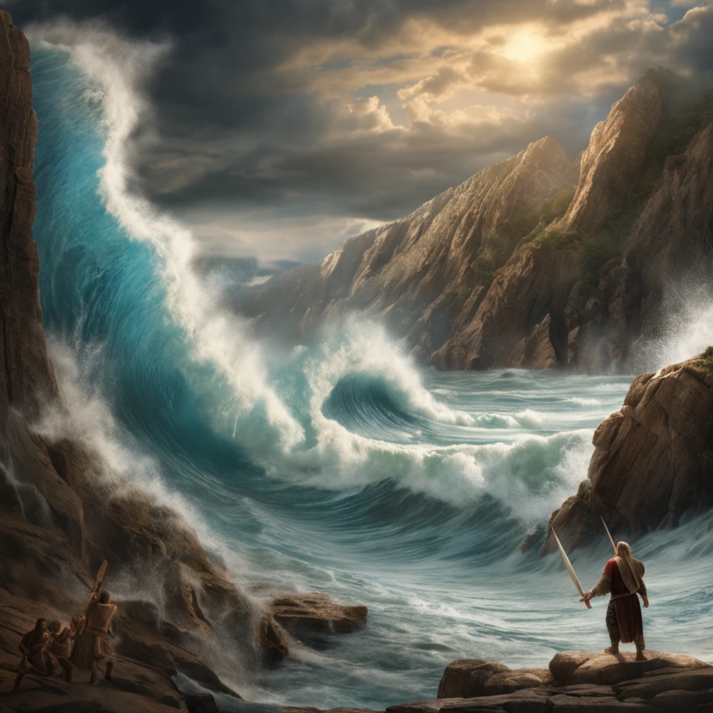 Craft a photorealistic scene portraying the biblical account of Noah parting the sea using a staff. Depict Noah standing at the water's edge, holding a staff high above his head, as towering waves split apart on either side of him. Capture the immense scale and power of the water as it forms a dramatic corridor, showcasing the forceful separation of the sea. Utilize lighting to emphasize the divine nature of the moment, with rays of light breaking through the clouds and casting an ethereal glow. Convey the sense of awe and reverence that this miraculous event elicits, while highlighting Noah's pivotal role in fulfilling a divine purpose.