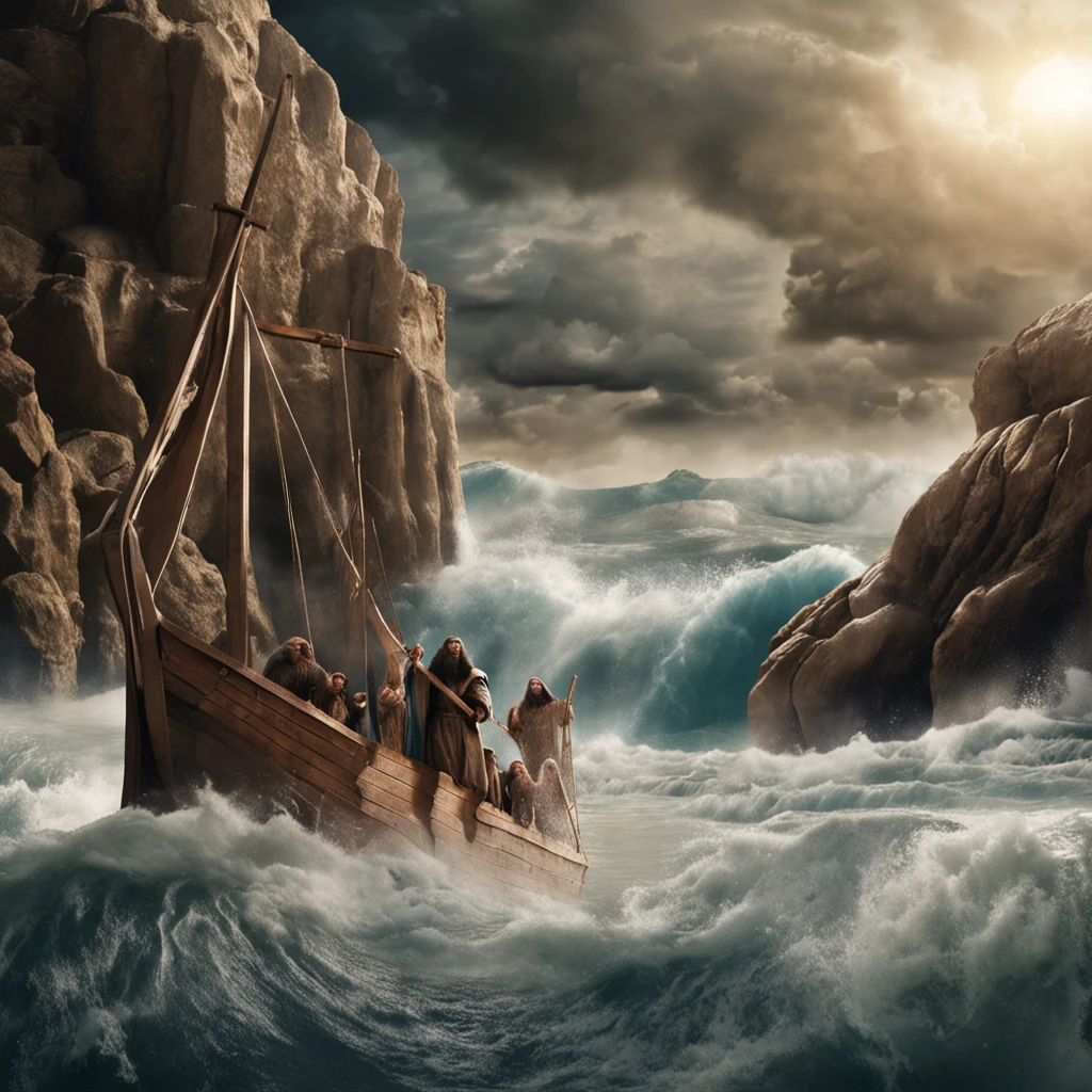 Craft a photorealistic scene portraying the biblical account of Noah parting the sea using a staff. Depict Noah standing at the water's edge, holding a staff high above his head, as towering waves split apart on either side of him. Capture the immense scale and power of the water as it forms a dramatic corridor, showcasing the forceful separation of the sea. Utilize lighting to emphasize the divine nature of the moment, with rays of light breaking through the clouds and casting an ethereal glow. Convey the sense of awe and reverence that this miraculous event elicits, while highlighting Noah's pivotal role in fulfilling a divine purpose.