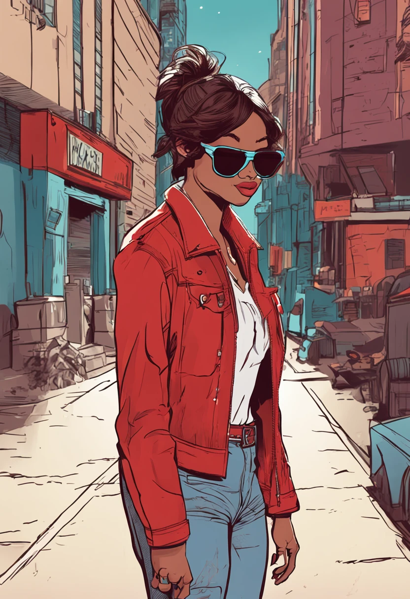 ember、Wearing black sunglasses、Brown hair、a red jacket