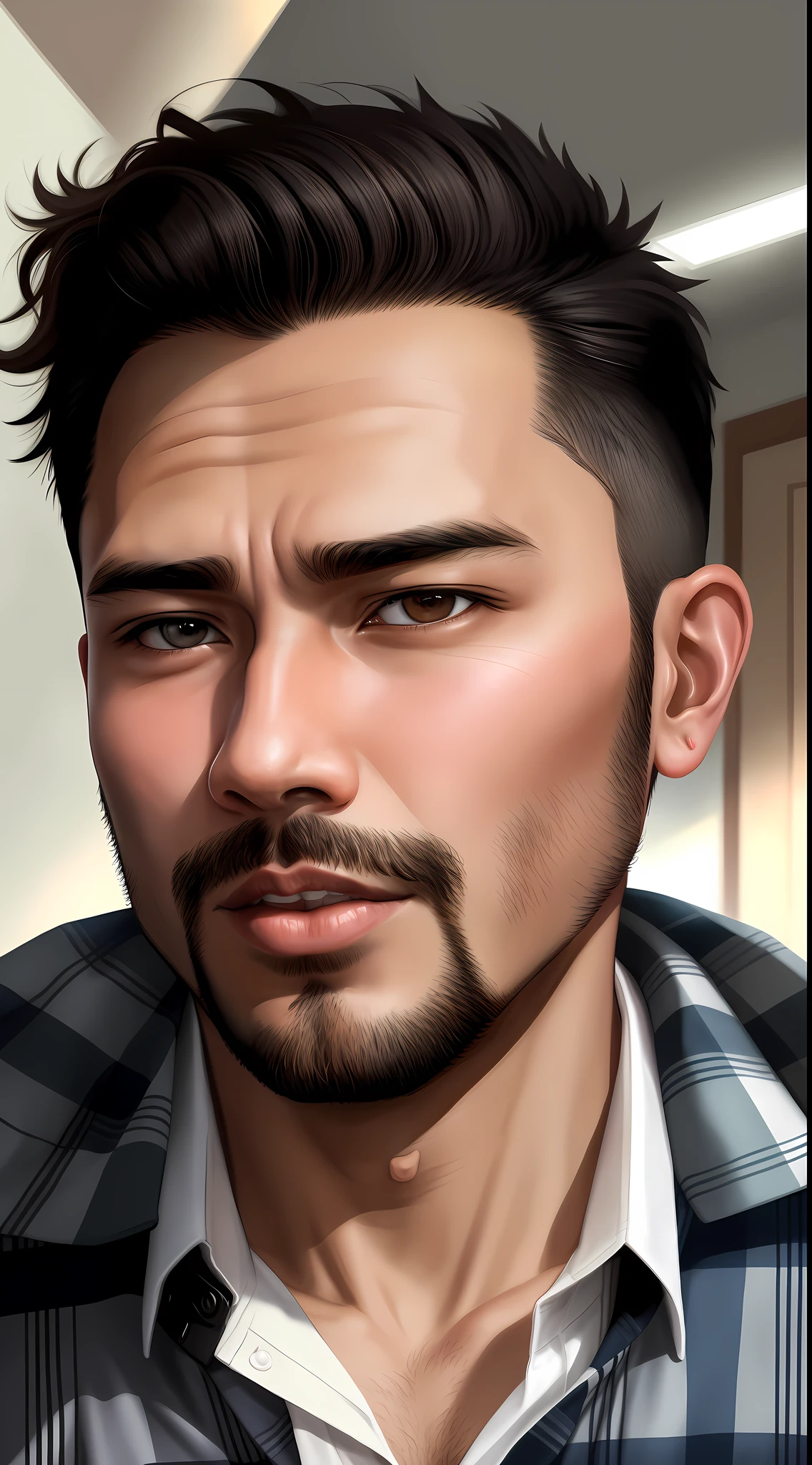 arafed man with a plaid shirt and a tie looking at the camera, with accurate face, ramil sunga, nivanh chanthara, with serious face expression, without beard and mustache, 4 0 years old man, without beard, thawan duchanee, john jude palencar, 2 , khyzyl saleem
