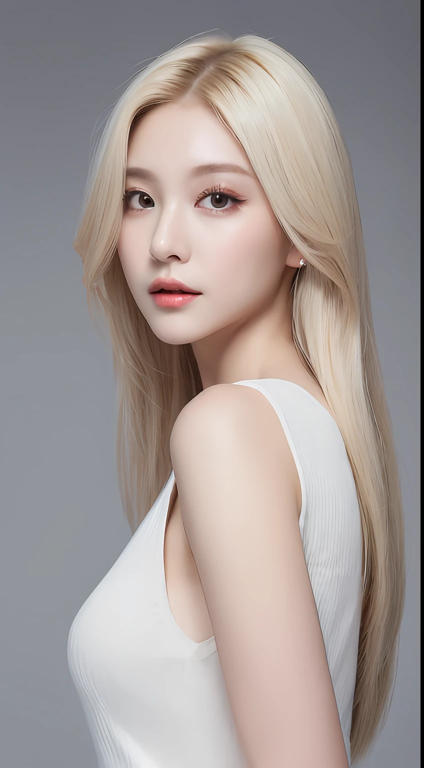 ((Realistic lighting、top-quality、8K、masterpiece:1.3))、Clear focus:1.2、1girl in、flawless beauty:1.4、slim((blonde hair))、Neat and clean clothing、One-piece clothes、Superfine Face、Narrow-eyed、二重まぶた、lighting like a movie、photos realistic、28 year old、Straight hair、Face like a K-pop idol、white backgrounid、Gray background、Mature Woman、Classy makeup、Light hair color Blonde、Angle of pull、