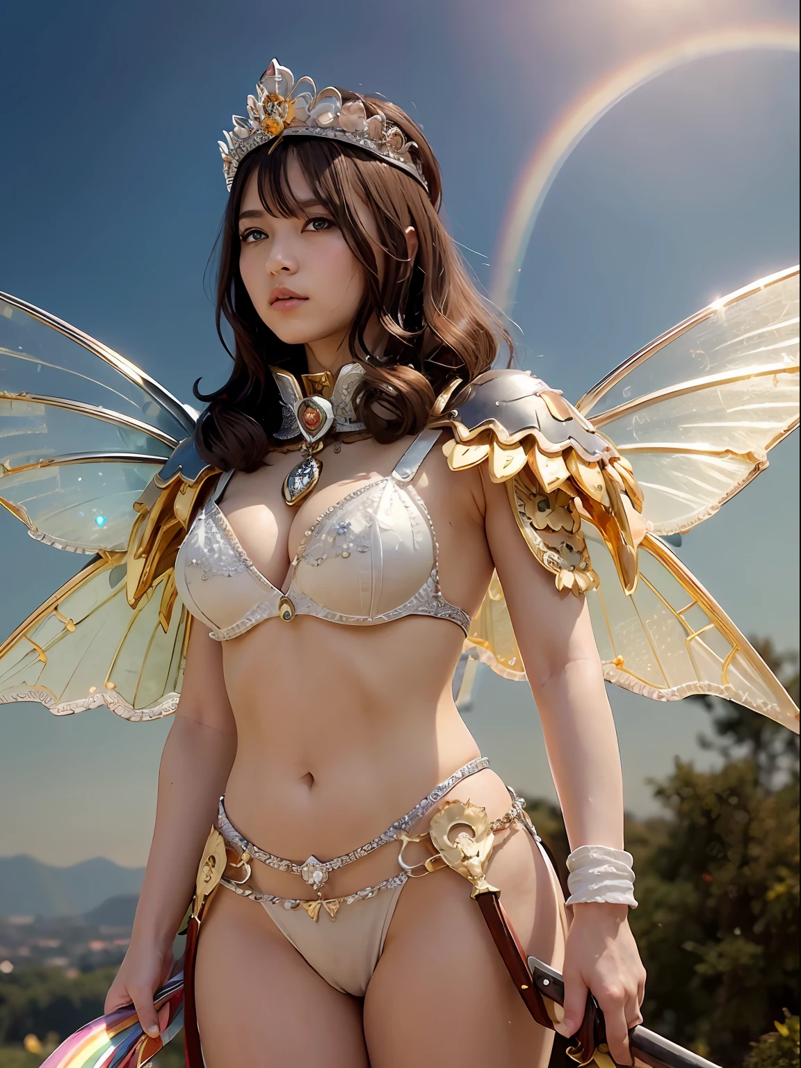 (masutepiece), Professional , ​masterpiece、top-quality、photos realistic , depth of fields （Gemstone Silver Metal Body:1.９),(Matte Silver、Jewel Gold Weapon、（Gorgeous castle background）、（ultimate beauty girl）、（Rainbow fairy wings grow）、（Jewel Metal Body:1.９),Gorgeous Jewel Metal Weapons , Detailed Sword of the Brave ,（ a blond）   ,warhammer 40k ,(（maikurobikini）)、 adepta sororitas,Detail and ornate jewel crown、独奏、Brown hair、（Gangle's forest background）、Beautiful Caucasian beauty、１a person、dynamic ungle,(((Diamond tiara with detail and luxury)))、a small face、Powerful poses、（Gorgeous castle background）、huge filesize、20 year old beautiful woman、Thin female fingers、Straight long hair、Beautiful Caucasian beauty、Valley、Fairy of Light、Particles of light、