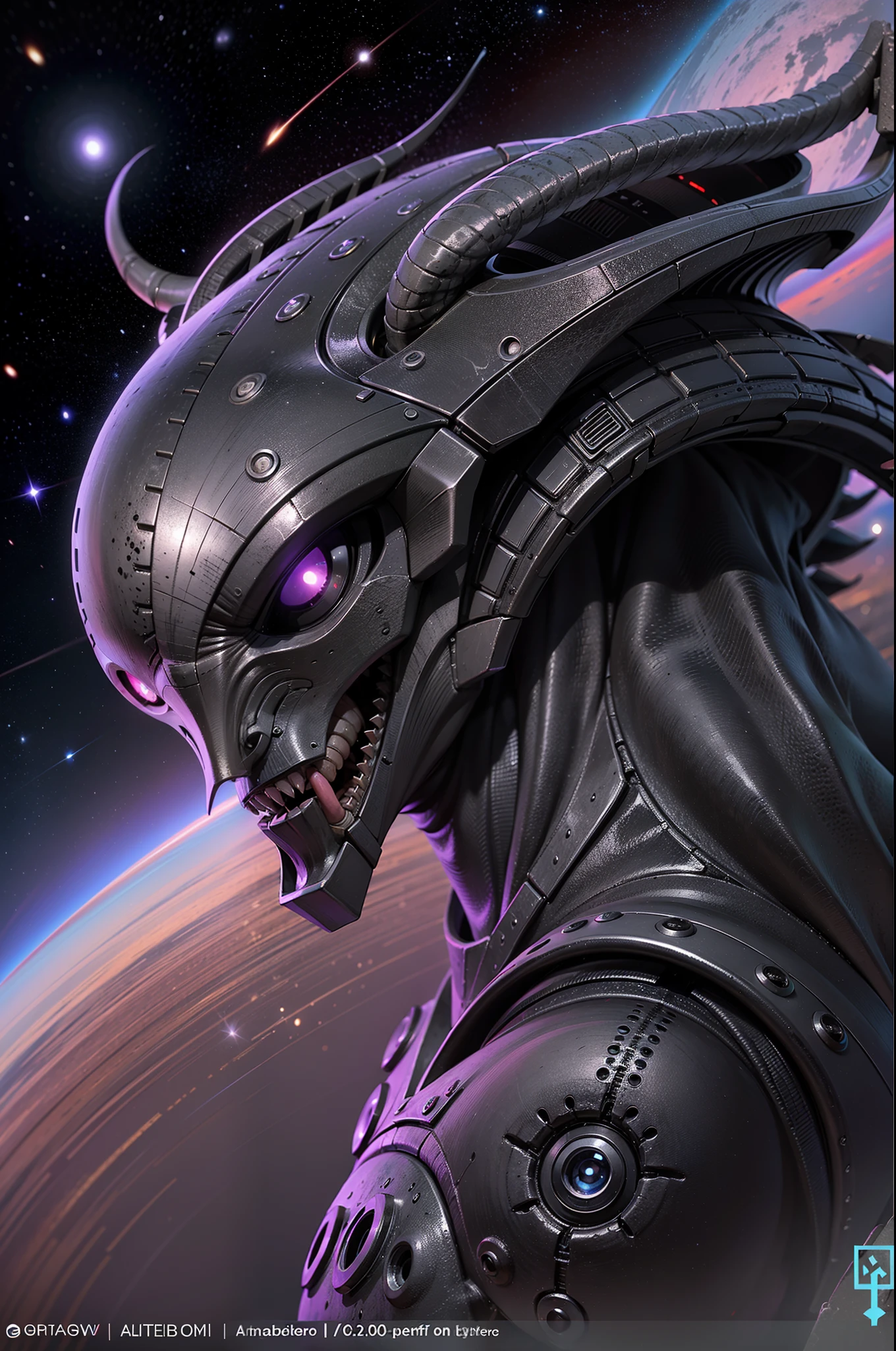 Portrait of an alien creature，space ship，Giant creatures，Super strong，Evil appearance，grim eyes，（Goat's head：1.2）The background is the universe overlooking the Earth's atmosphere：1.2，Dark and terrifying outer space creatures，extraterrestial，