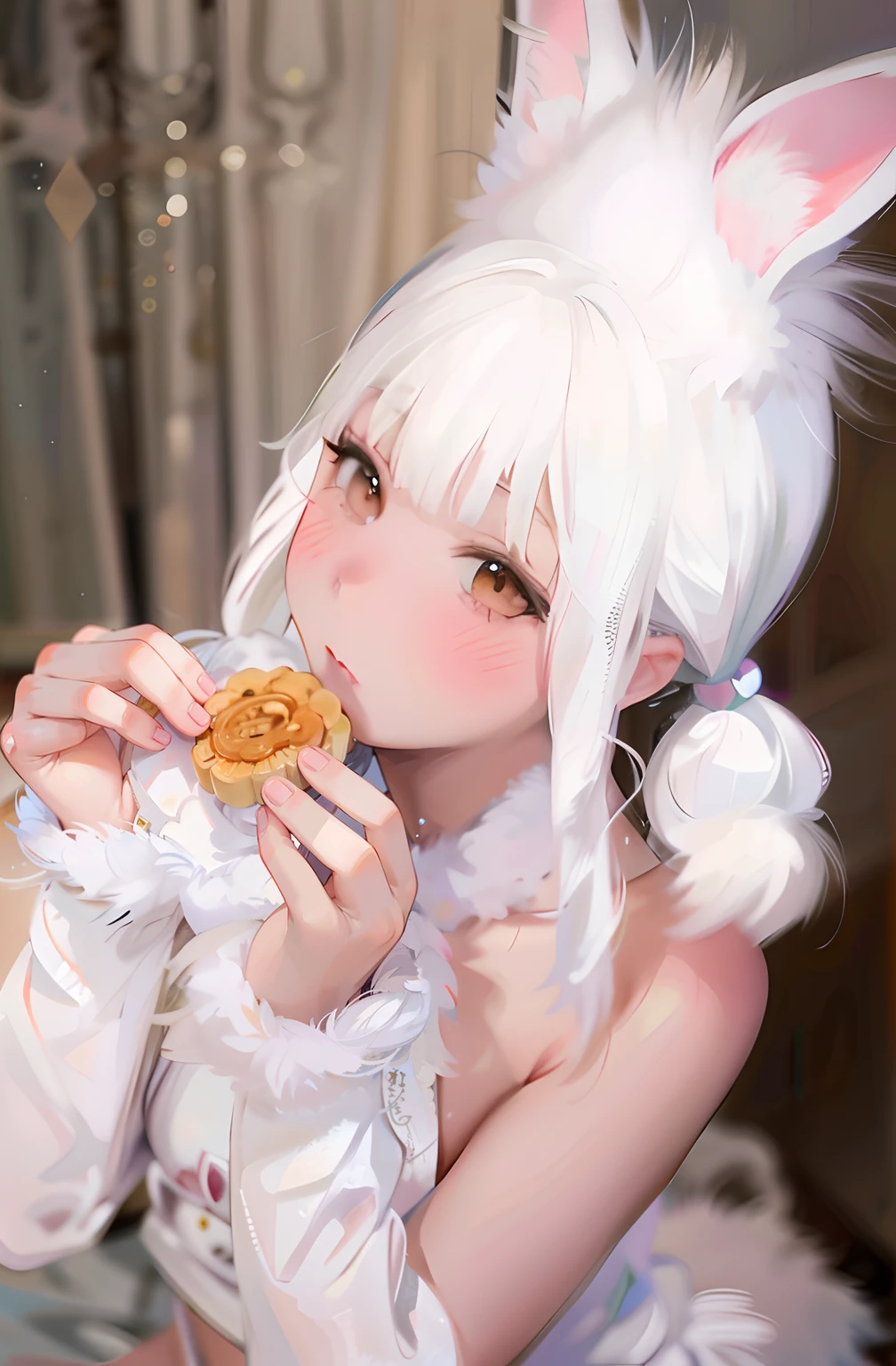 There is a woman with rabbit ears eating mooncakes, ultrarealistic sweet bunny girl, Anime girl cosplay, Anime cosplay, Little white rabbit girl, White rabbit ears, Anime girl in real life, fluffy rabbit ears, cosplay, Very nice and cute rabbit, long  white hair, cosplay